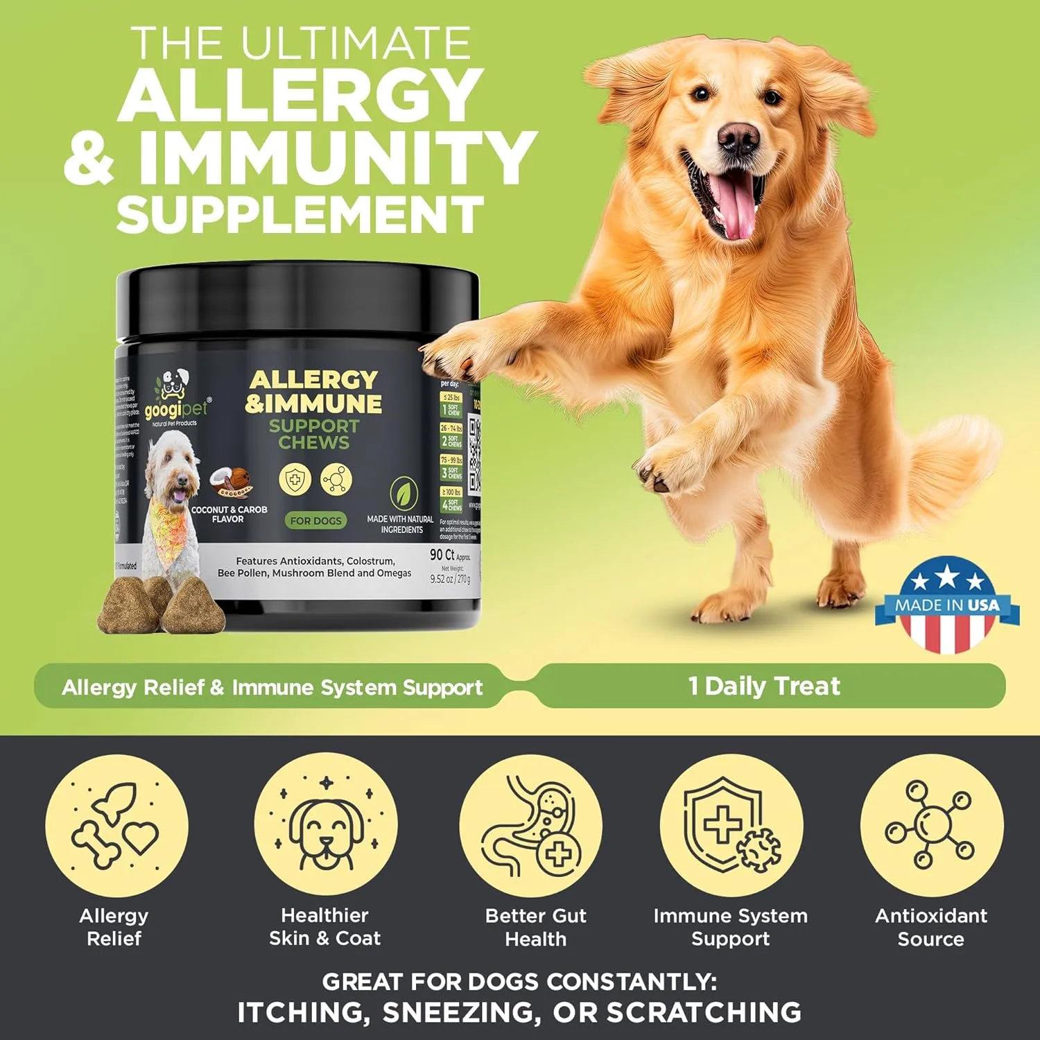 Googipet Dog Allergy Chews, Dog Allergy Relief & Itchy Skin Relief, Skin & Coat Supplement  Bee Pollen, Colostrum for Dogs, Coconut Oil, Probiotics, & Omega 3 Fish Oil to Reduce Constant Scratching