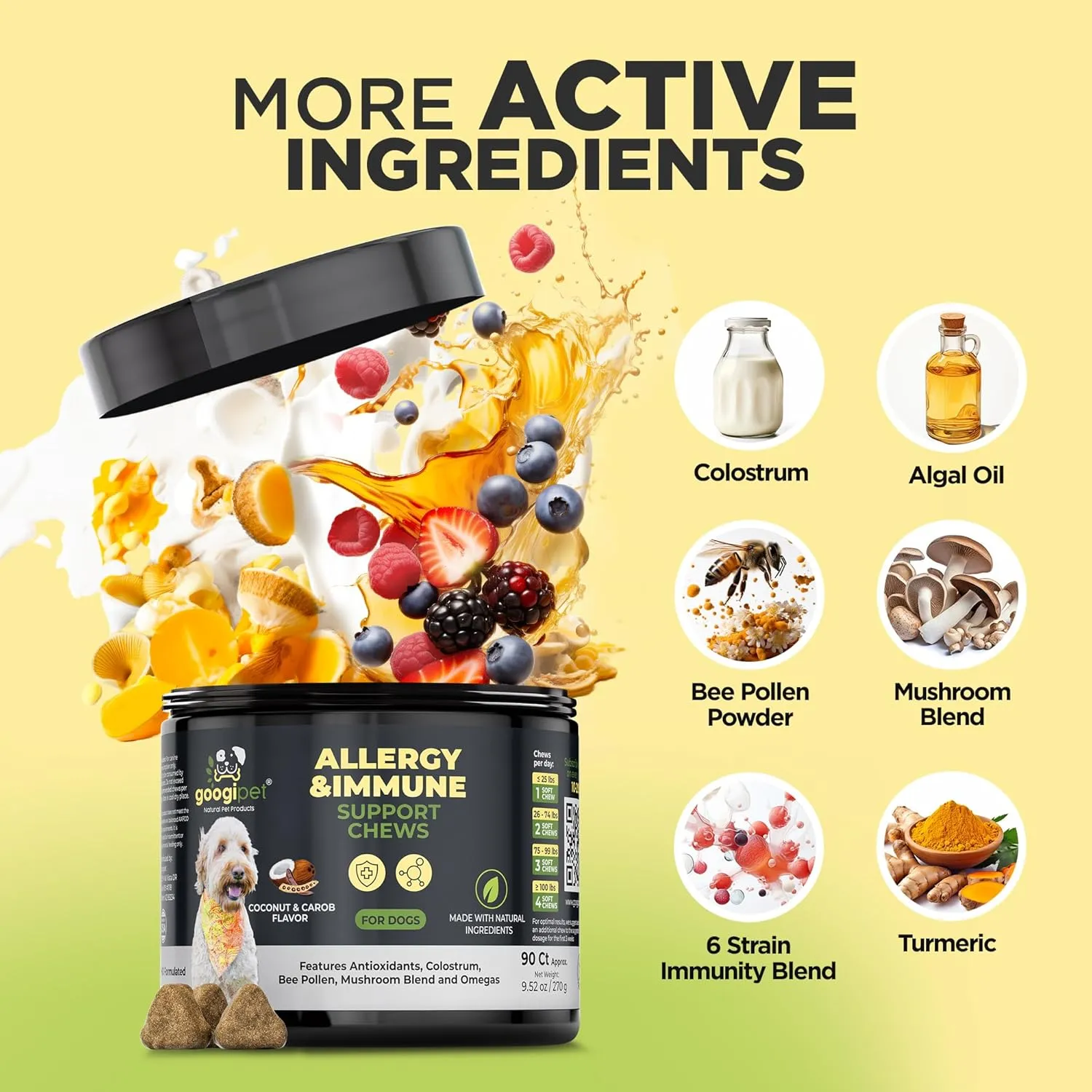 Googipet Dog Allergy Chews, Dog Allergy Relief & Itchy Skin Relief, Skin & Coat Supplement  Bee Pollen, Colostrum for Dogs, Coconut Oil, Probiotics, & Omega 3 Fish Oil to Reduce Constant Scratching