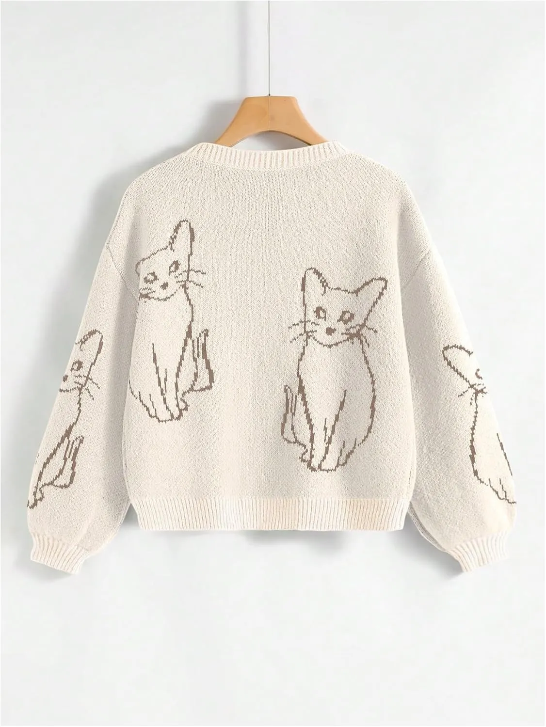 GORGLITTER Women's Cat Sweater Graphic Cropped Sweater Long Sleeve Drop Shoulder Crewneck Pullover Top