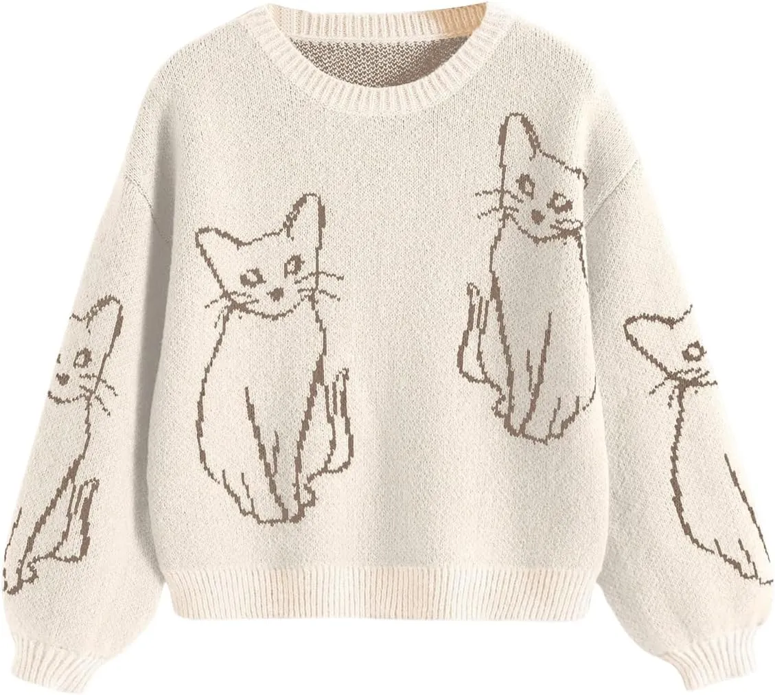 GORGLITTER Women's Cat Sweater Graphic Cropped Sweater Long Sleeve Drop Shoulder Crewneck Pullover Top
