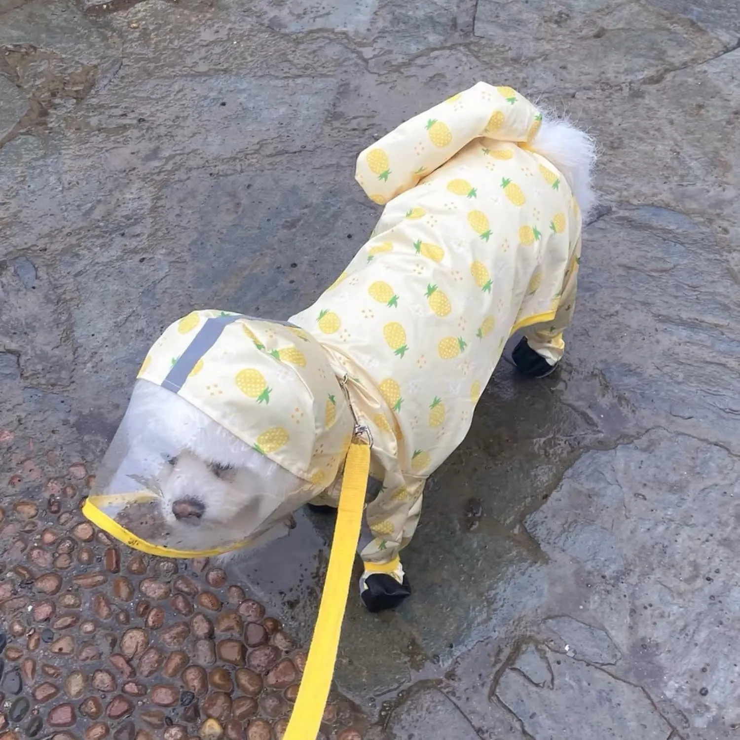 HDKUW Small Dog Raincoat & Rain Shoes Set,Full-Coverage Reflective Dog Jacket with D-Ring,Dogs Raincoat with Rain Boots Set for Puppy Small Dogs Pineapple M