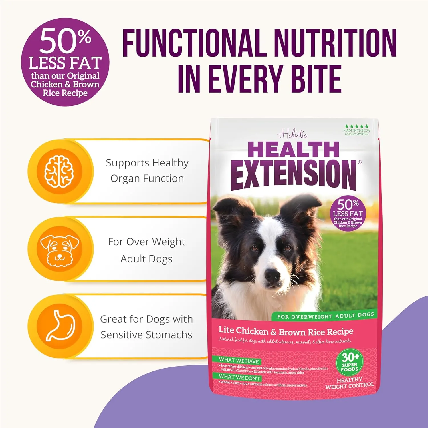 Health Extension Lite Chicken & Brown Rice Dry Dog Food (4 lb / 1.81 kg) - Low-Fat Formula with Glucosamine, Probiotics & Omega 3 for Overweight, Spayed, Neutered, or Senior Dogs