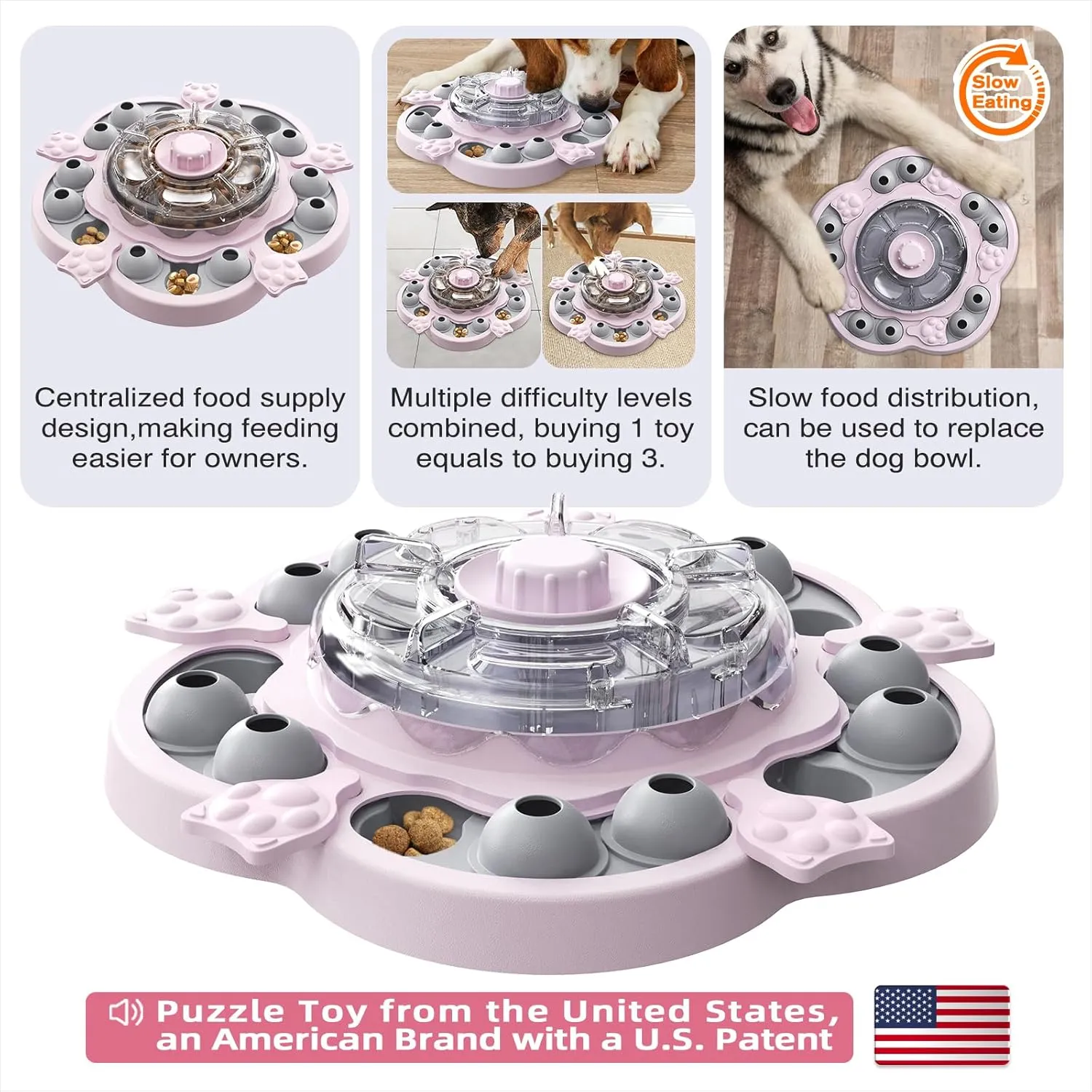 KADTC Dog Spinning Puzzle Toys Puppy Mental Games Level 3 in 1 Food Dispenser Slow Feeder Treat Puzzles Brain Stimulation Interactive Keep Them Busy Boredom Buster for Small/Medium/Large Dogs Pink