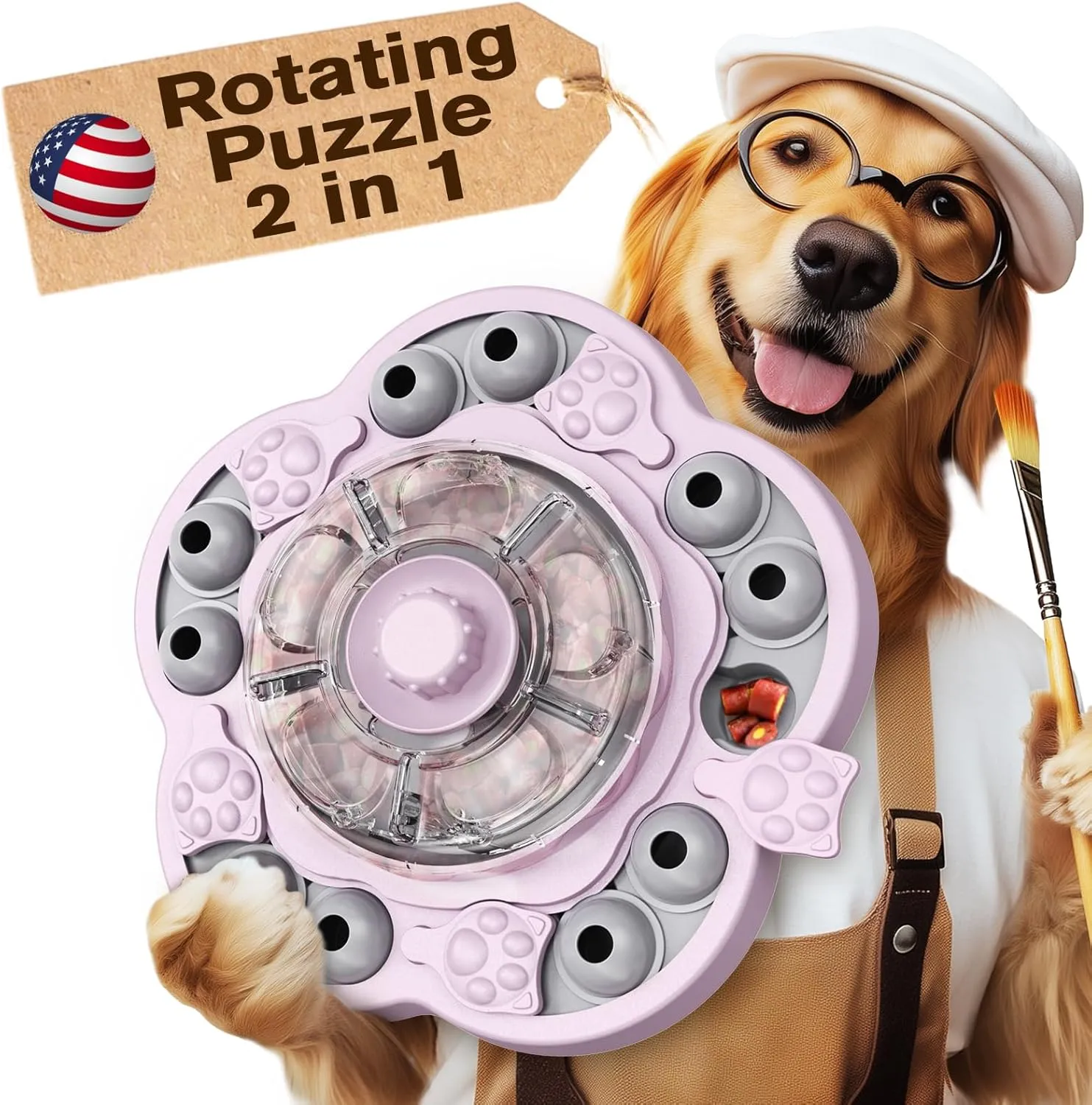 KADTC Dog Spinning Puzzle Toys Puppy Mental Games Level 3 in 1 Food Dispenser Slow Feeder Treat Puzzles Brain Stimulation Interactive Keep Them Busy Boredom Buster for Small/Medium/Large Dogs Pink