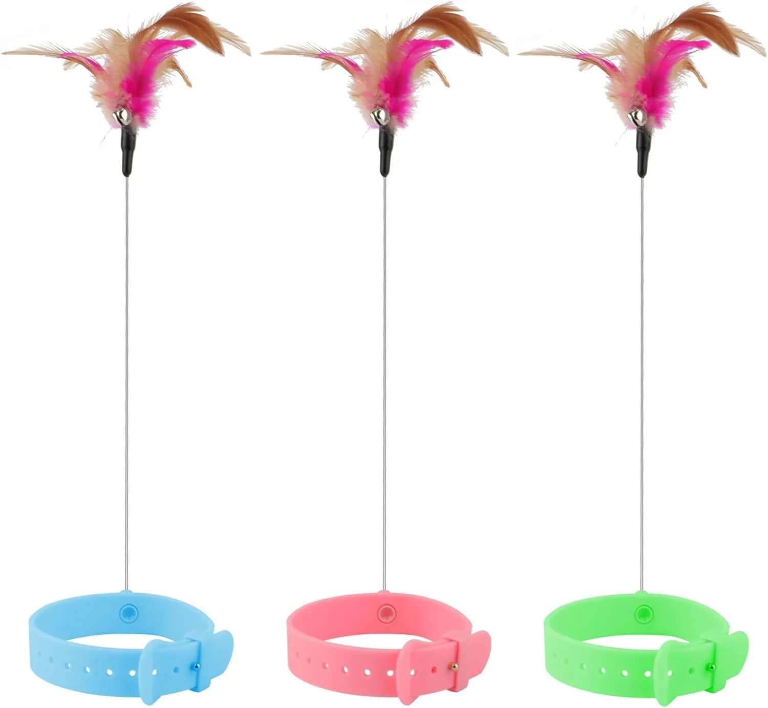 KALAMANDA Cat Collar Toy, 3 Pcs Cat Feather Toy with Neck Collar, Interactive Self Playing Toys with Bell for Indoor Kittens Small Animals(Pink/Blue/Green)