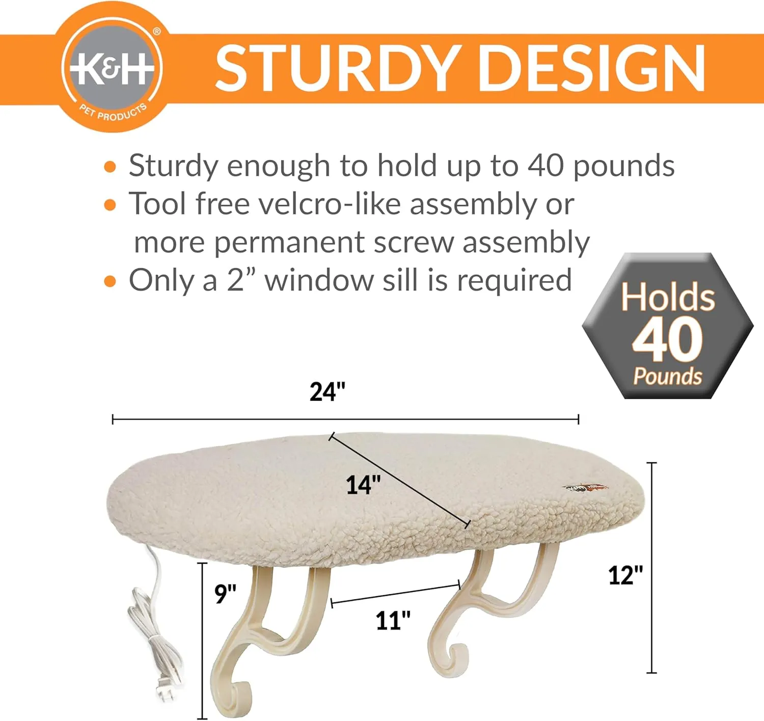 K&H Pet Products Kitty Sill Heated Cat Window Perch for Large Cats, Orthopedic Window Hammock Bed Holds 40LBS, Washable Cover, Kitty Windowsill Bed Seat for Indoors - Cream Fleece, Heated, 14 X 24in