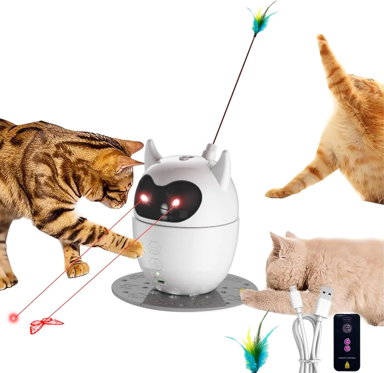 KINGTOP Dual-Mode Cat Laser Toy Automatic with Feather Teaser, Remote  Interactive, Rechargeable Laser Cat Toy for Indoor Cats, Kittens & Dogs, 360 Rotation, Adjustable Laser & Smart Power Saving
