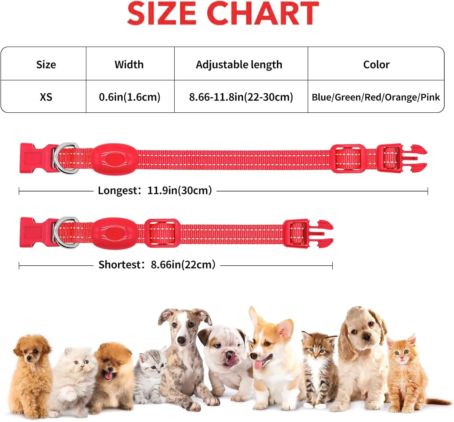 Light Up Dog Collar for Small Dogs - Rechargeable LED Dog Collar Adjustable Reflective Puppy Collar LED Cat Collar, Glowing Safety Dog Lights for Night Walking (XS, Red)