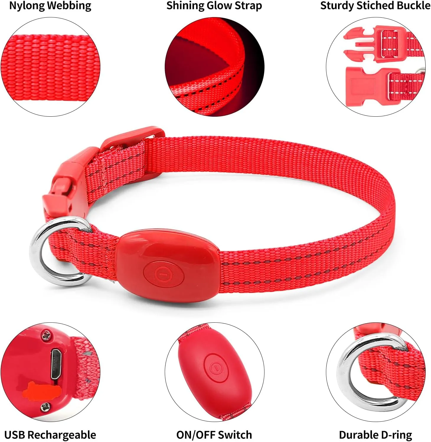 Light Up Dog Collar for Small Dogs - Rechargeable LED Dog Collar Adjustable Reflective Puppy Collar LED Cat Collar, Glowing Safety Dog Lights for Night Walking (XS, Red)