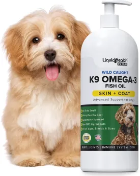Liquid Health Pets K9 Omega 3 Fish Oil for Dogs - Liquid Omega 3 Supplement for Pets with EPA   DPA   DHA - Reduce Itching & Shedding, Support Joints, Immunity, Brain & Heart Health - USA Made (16 oz)