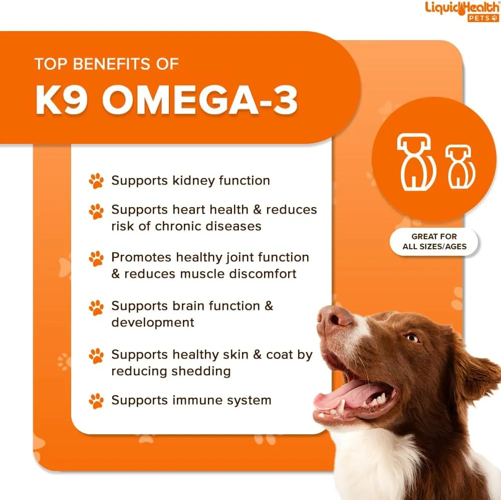 Liquid Health Pets K9 Omega 3 Fish Oil for Dogs - Liquid Omega 3 Supplement for Pets with EPA   DPA   DHA - Reduce Itching & Shedding, Support Joints, Immunity, Brain & Heart Health - USA Made (16 oz)
