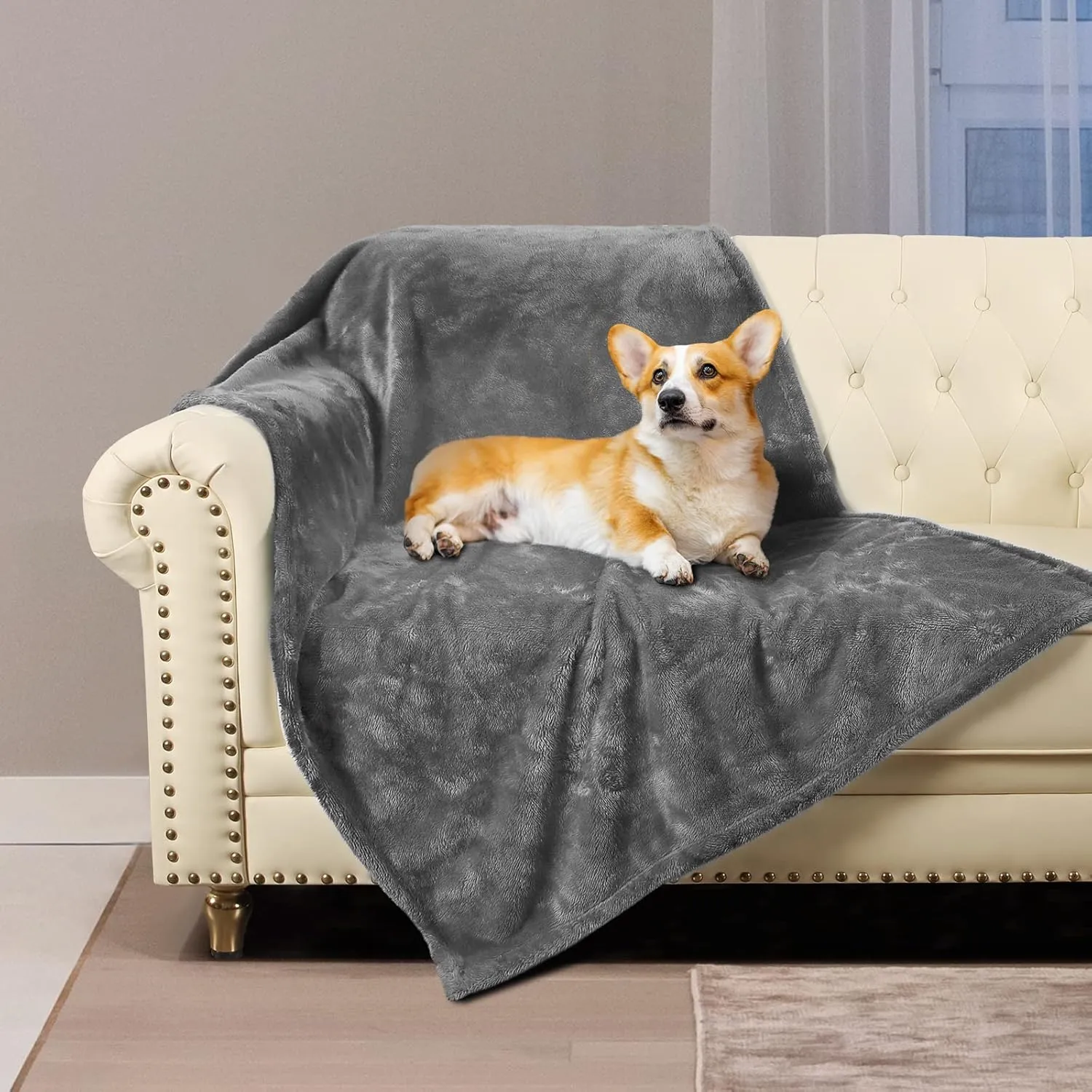MACEVIA Waterproof Dog Blanket, Fluffy Soft Pet Blankets for Dogs and Cats, Plush Throw Furniture Protector Cover for Sofa Couch Bed (60x80 Inch, Gray)