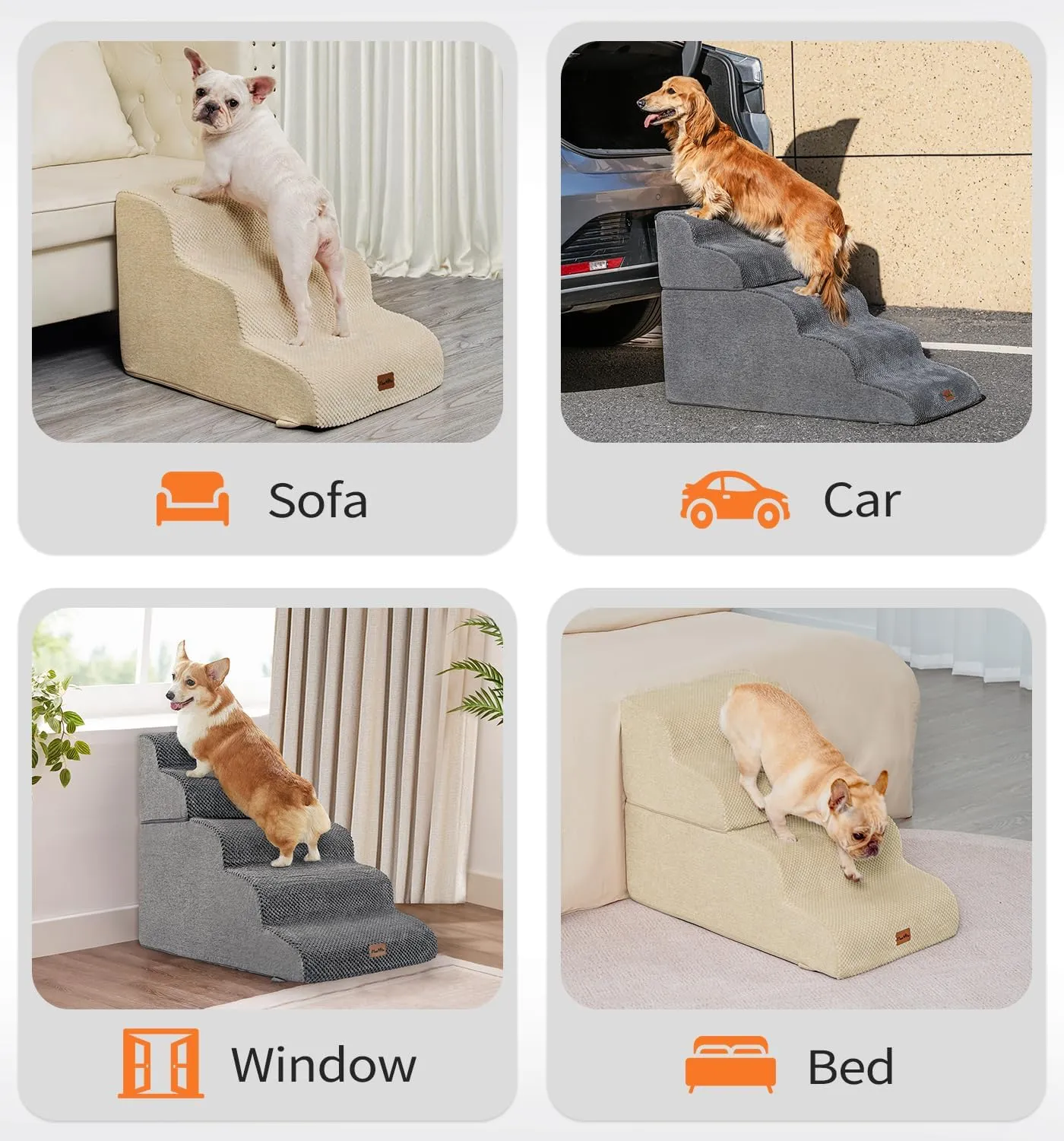 Made4Pets Dog Stairs Ramp for High Bed, 5-Step Pet Stairs for Bed Couch Sofa Climbing, 35D Foam Pet Steps for Small Dogs and Cats, Non-Slip Bottom Dog Steps, Grey