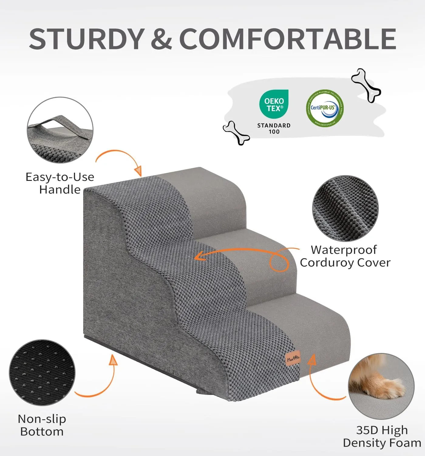 Made4Pets Dog Stairs Ramp for High Bed, 5-Step Pet Stairs for Bed Couch Sofa Climbing, 35D Foam Pet Steps for Small Dogs and Cats, Non-Slip Bottom Dog Steps, Grey