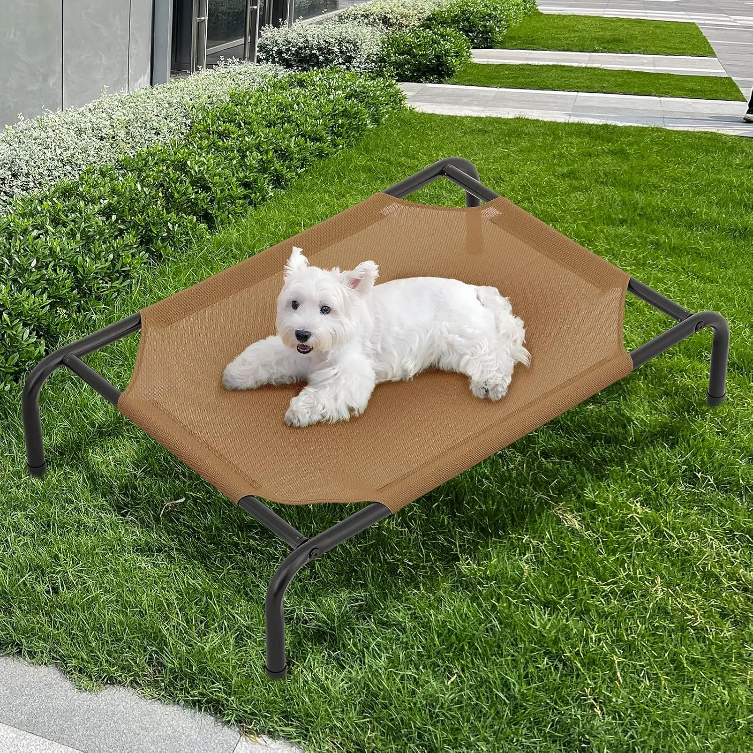 Magshion Elevated Dog Bed, Raised Pet Cot with Non-Slip Feet, Cooling Breathable Mesh Fabric Pet Cot Bed for Indoor Outdoor Use for Small Dogs and Cats up to 50 lbs, Brown
