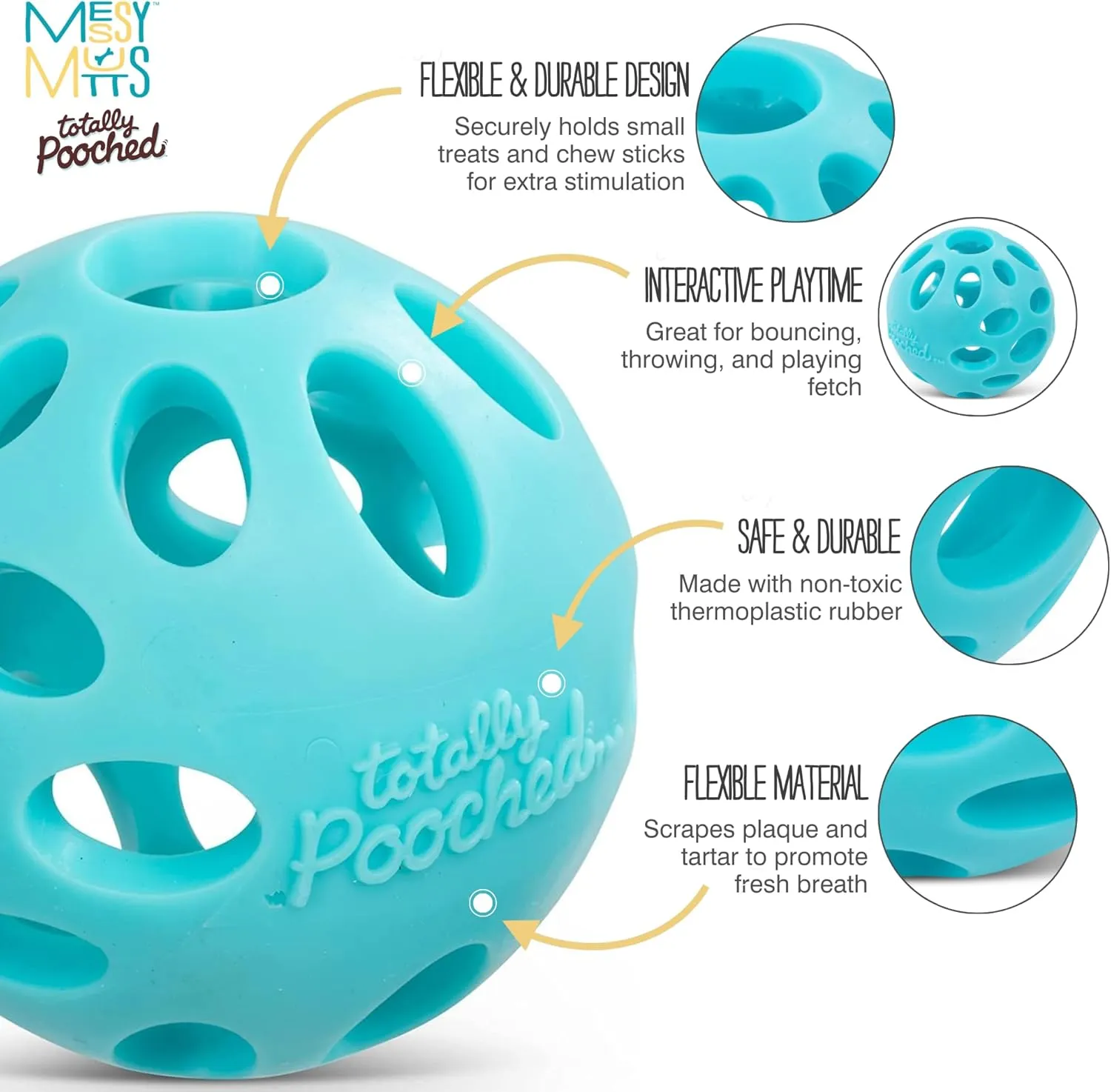 Messy Mutts Totally Pooched Huff'n Puff Ball | 3.1 TPR Puzzle Ball for Dogs | 2-in-1 Durable Interactive Toy and Tooth Cleaner | Teal