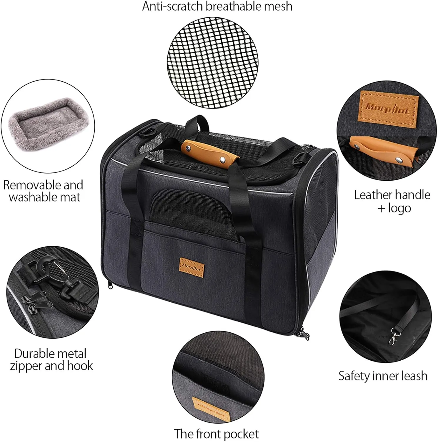 Morpilot Pet Carrier Bag, Portable Cat Carrier Bag Top Opening, Removable Mat and Breathable Mesh, Foldable Cat Carrier Transport Bag for Dogs and Cats, with Shoulder Strap and Pet Bowl Gray