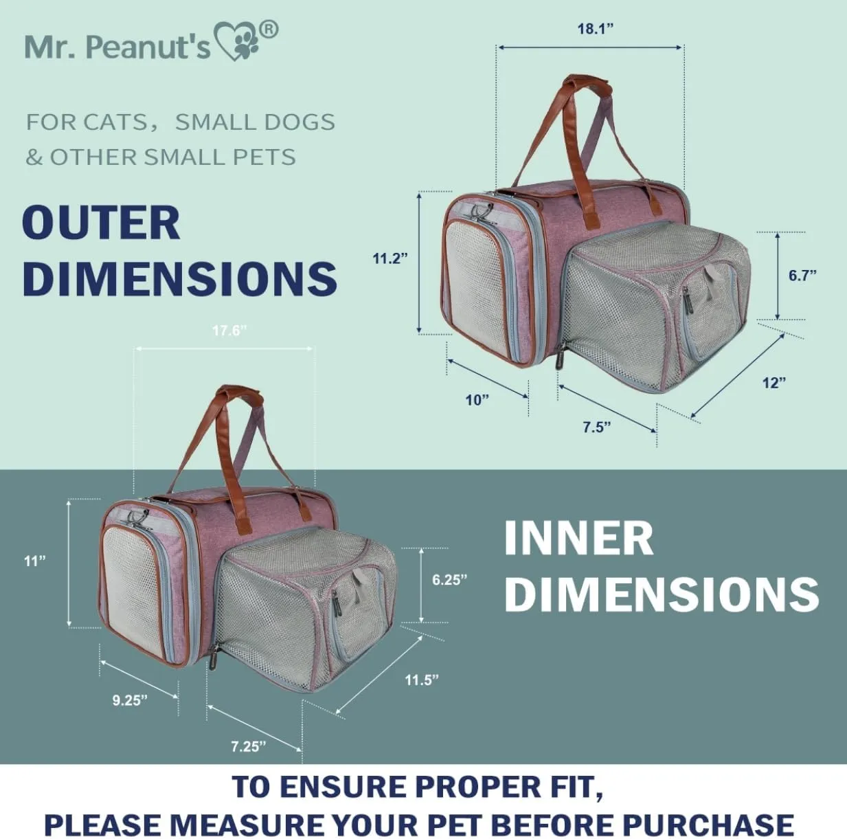 Mr. Peanut's Expandable Airline Approved Soft Sided Pet Carrier, Low Profile Gold Series Tote, Premium Brand Self Locking Zippers, Plush Faux Fleece Bedding with a Sturdy Plywood Base