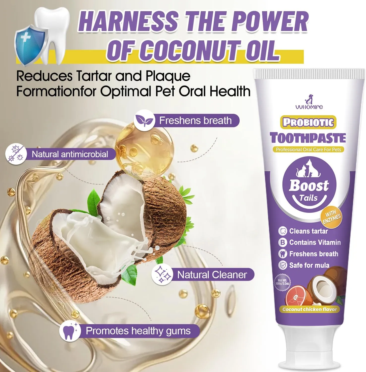 Natural Coconut Oil Cat & Dog Toothpaste-Enzymatic and Probiotic Toothpaste, with VitaminB. Controls Plaque, Tartar and Bad Breath. Safe & Fresh Toothpaste for Pet. 3.52oz-Coconut Chicken Flavor