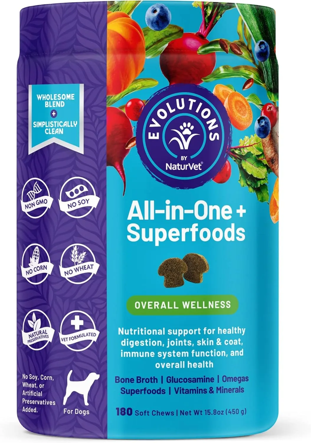 NaturVet Evolutions All-in-One   Superfoods 180ct Soft Chews for Dogs - Bone Broth, Superfoods Provides Nutritional Support for Healthy Digestion, Joints, Skin & Coat, Immune System, Overall Health