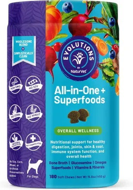NaturVet Evolutions All-in-One   Superfoods 180ct Soft Chews for Dogs - Bone Broth, Superfoods Provides Nutritional Support for Healthy Digestion, Joints, Skin & Coat, Immune System, Overall Health