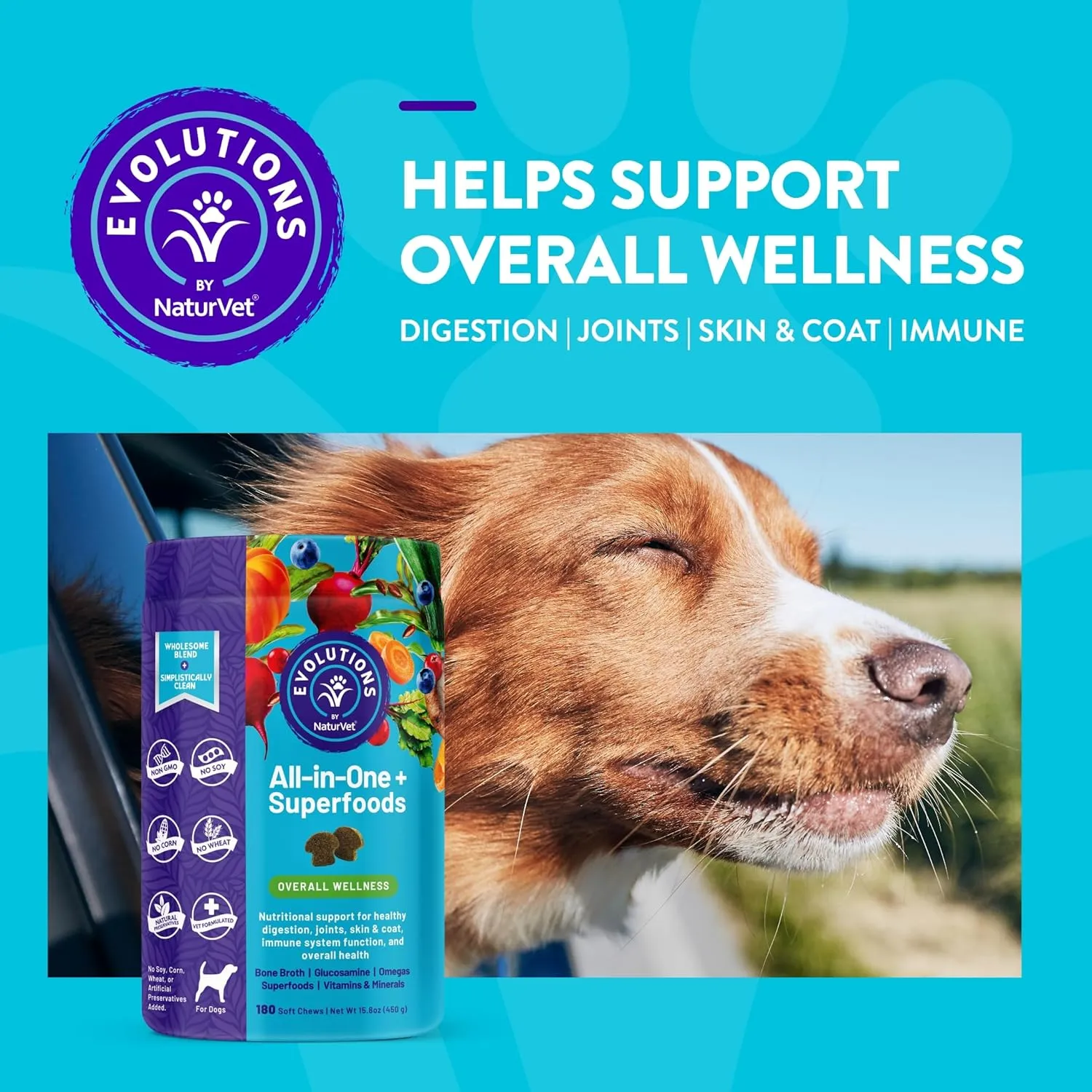 NaturVet Evolutions All-in-One   Superfoods 180ct Soft Chews for Dogs - Bone Broth, Superfoods Provides Nutritional Support for Healthy Digestion, Joints, Skin & Coat, Immune System, Overall Health