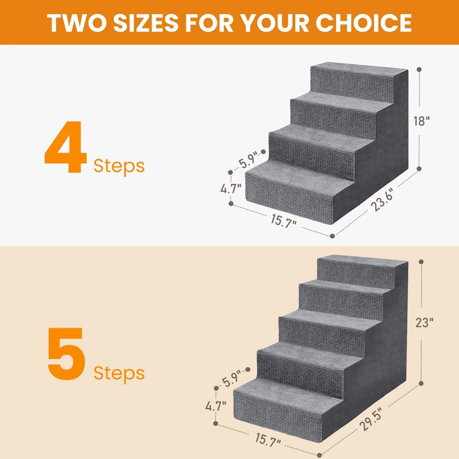 Niubya Dog Stairs for Small Dog and Cats, 23H Non-Slip Bottom Pet Steps for High Beds and Couch,High-Density Foam Pet Steps Grey, 5 Steps