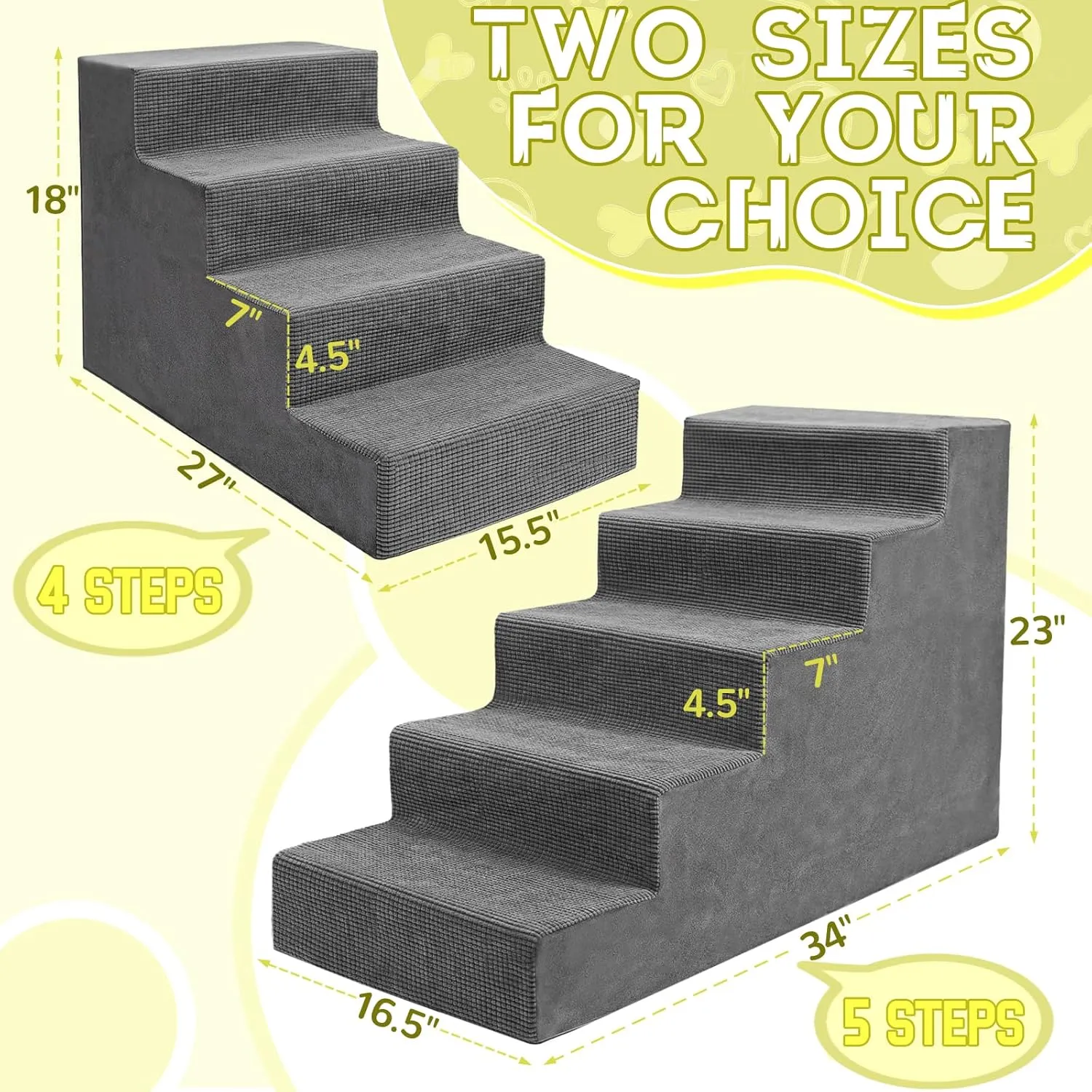 Niubya Dog Stairs for Small Dog and Cats,23H Non-Slip Bottom Pet Steps for High Beds and Couch,High-Density Foam Pet Stairs Grey,5 Steps