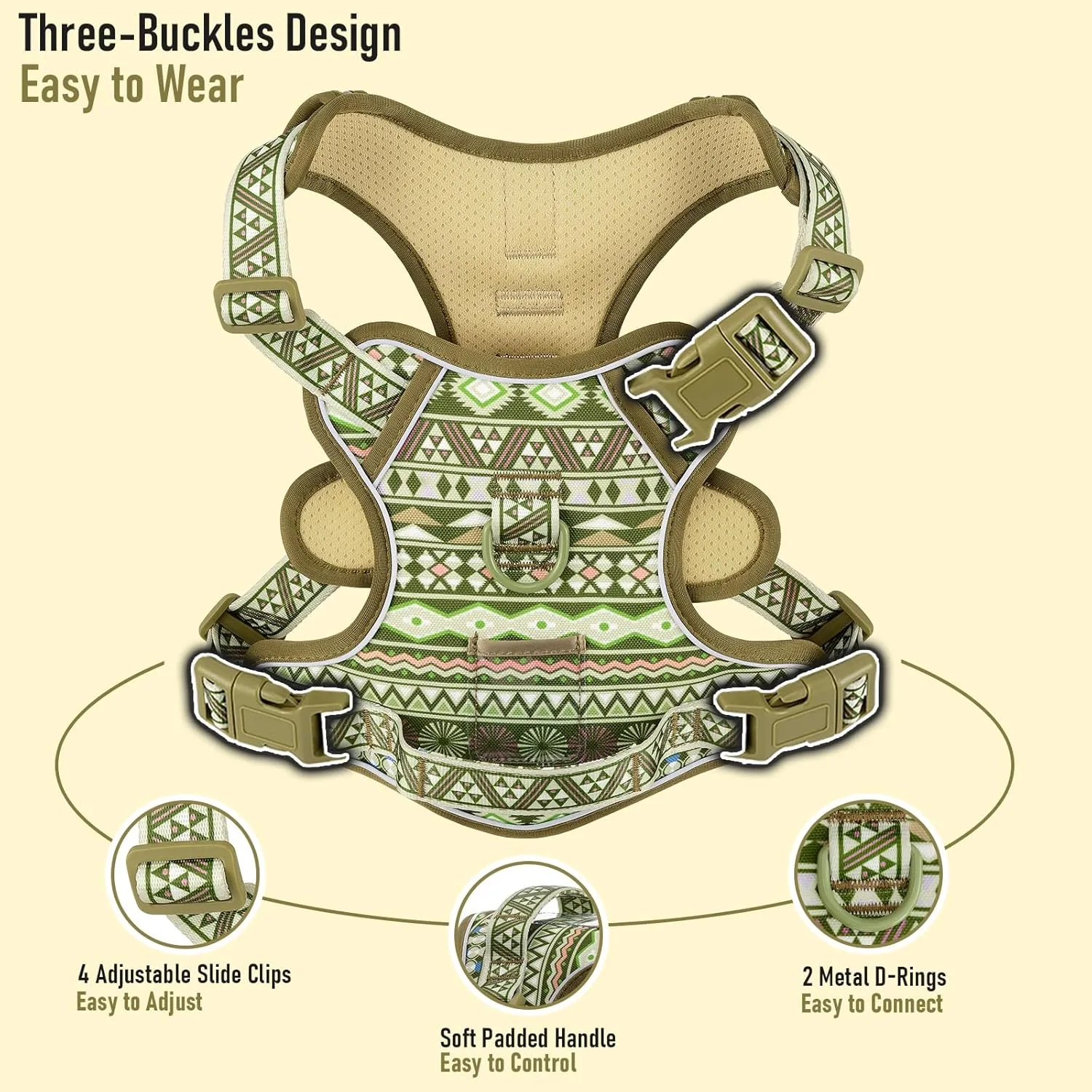No Pull Dog Harness for Large Dogs with 2 Metal Clips, Easy On/Off with Neck Buckle, Heavy Duty Adjustable Puppy Vest, Breathable Pet Harness with Easy Control Handle, Green Ethnic L