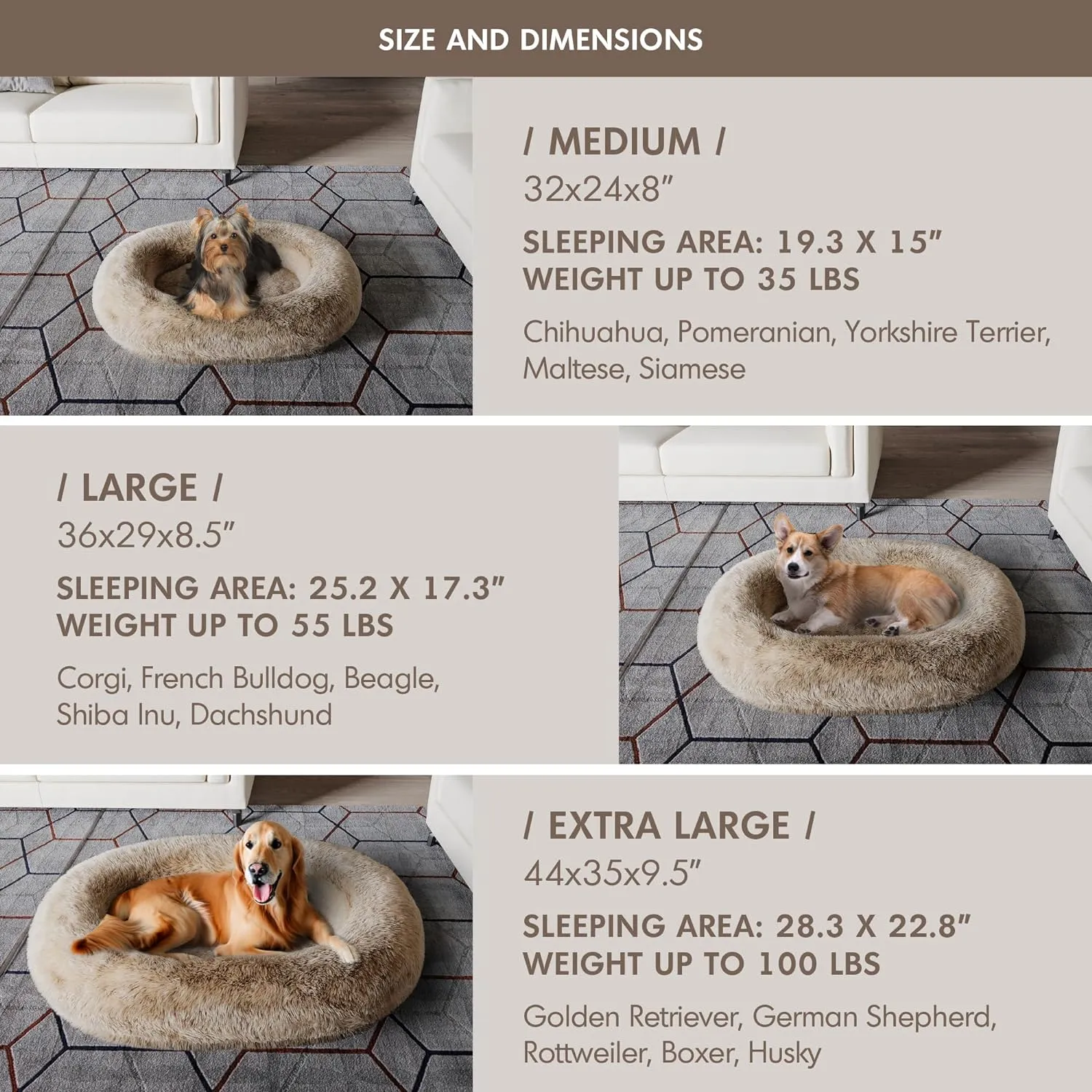 Orthopedic Calming Dog Bed for Large Dogs, Anti Anxiety Pet Beds with Supportive Foam, Removable Washable Oval Pets Couch, Fluffy Cuddle Bolster Cushion, Beige
