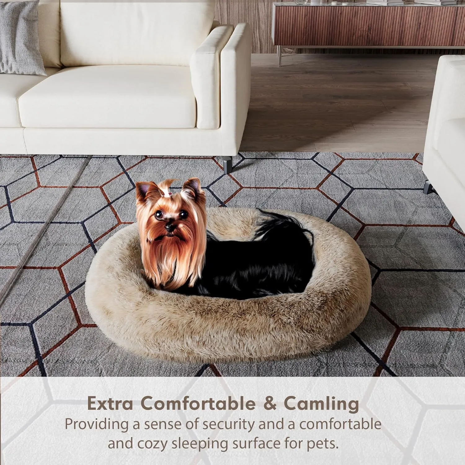 Orthopedic Calming Dog Bed for Large Dogs, Anti Anxiety Pet Beds with Supportive Foam, Removable Washable Oval Pets Couch, Fluffy Cuddle Bolster Cushion, Beige