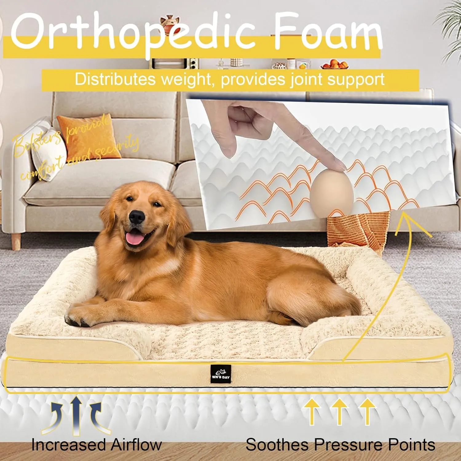 Orthopedic Dog Bed for Large Medium Sized, Washable Memory Foam Large Dog Bed, Medium Pet Sofa with Removable Cover, Washable Waterproof Pet Couch Beds(Beige, L)