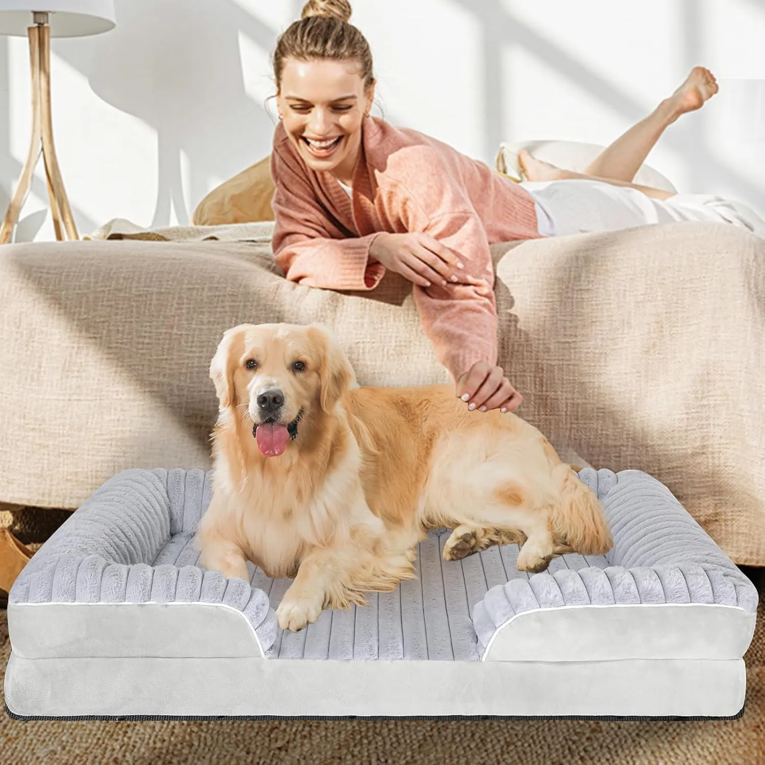 Orthopedic Dog Bed for Large Medium Sized, Washable Memory Foam Large Dog Bed Premium Soft Corduroy Fleece, Durable Medium Pet Sofa with Removable Cover, Washable Waterproof Pet Couch Beds(Grey, XL)