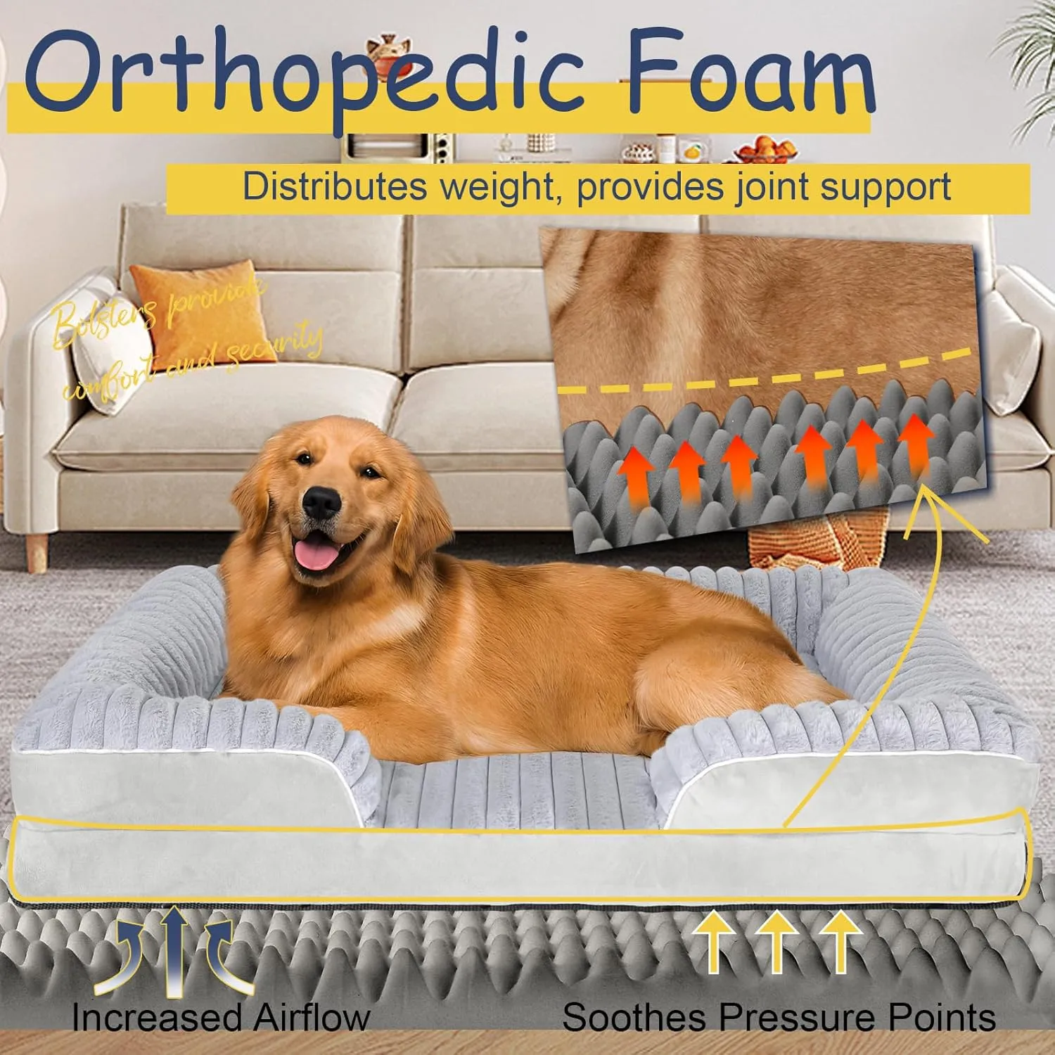 Orthopedic Dog Bed for Large Medium Sized, Washable Memory Foam Large Dog Bed Premium Soft Corduroy Fleece, Durable Medium Pet Sofa with Removable Cover, Washable Waterproof Pet Couch Beds(Grey, XL)
