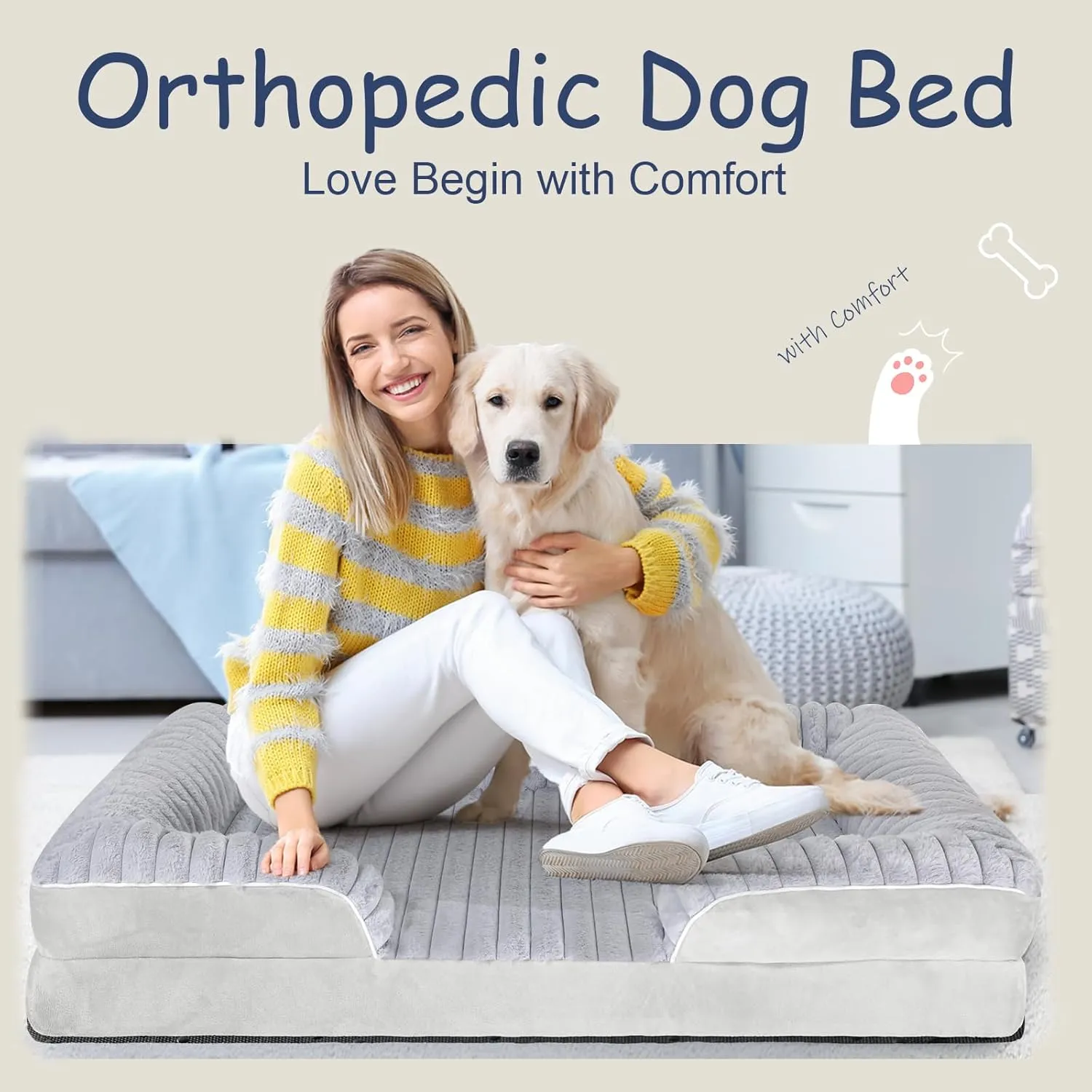 Orthopedic Dog Bed for Large Medium Sized, Washable Memory Foam Large Dog Bed Premium Soft Corduroy Fleece, Durable Medium Pet Sofa with Removable Cover, Washable Waterproof Pet Couch Beds(Grey, XL)