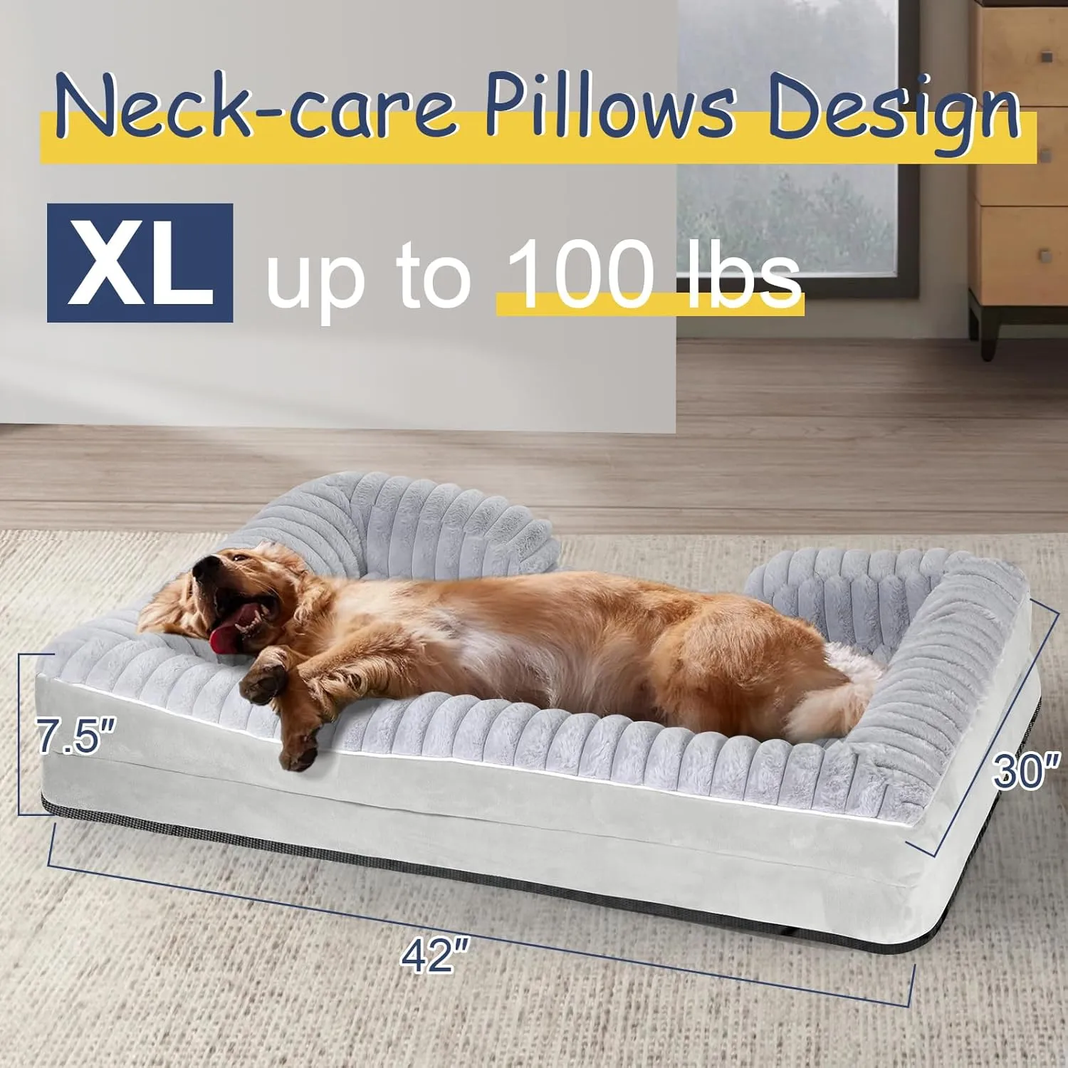 Orthopedic Dog Bed for Large Medium Sized, Washable Memory Foam Large Dog Bed Premium Soft Corduroy Fleece, Durable Medium Pet Sofa with Removable Cover, Washable Waterproof Pet Couch Beds(Grey, XL)