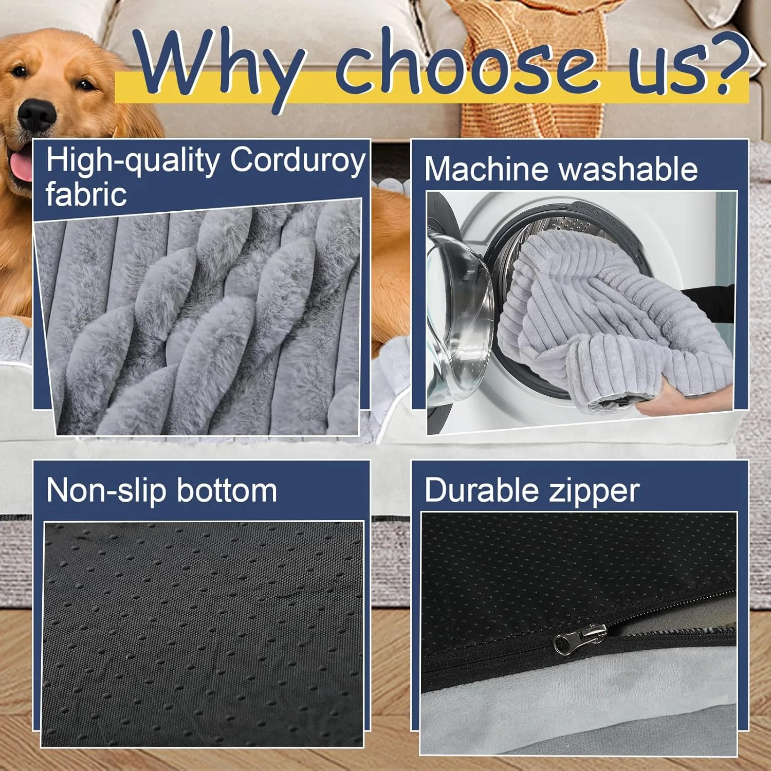 Orthopedic Dog Bed for Large Medium Sized, Washable Memory Foam Large Dog Bed Premium Soft Corduroy Fleece, Durable Medium Pet Sofa with Removable Cover, Washable Waterproof Pet Couch Beds(Grey, XL)