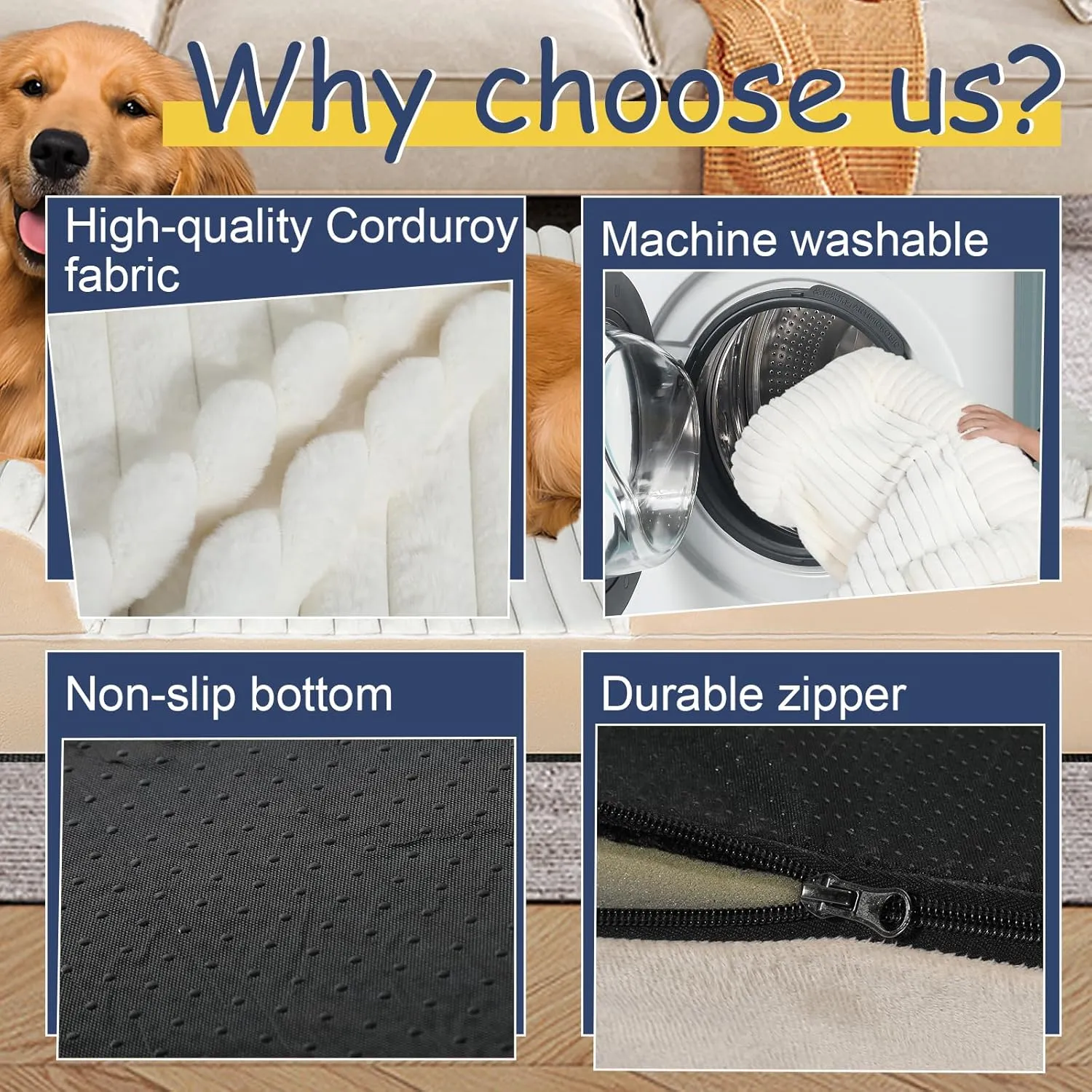 Orthopedic Dog Bed for Large Medium Sized, Washable Memory Foam Large Dog Bed Premium Soft Corduroy Fleece, Durable Medium Pet Sofa with Removable Cover, Washable Waterproof Pet Couch Beds(White,XXL)