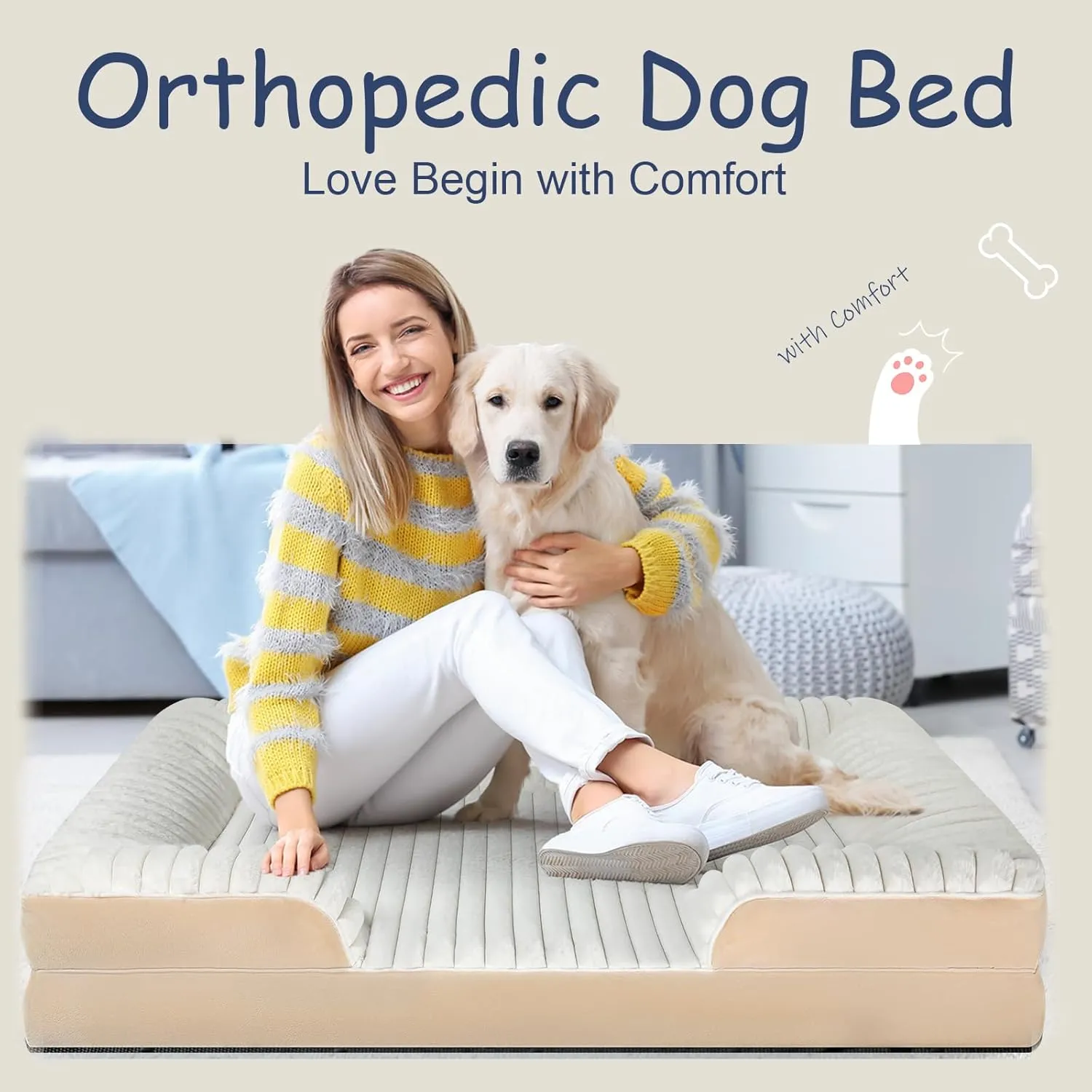 Orthopedic Dog Bed for Large Medium Sized, Washable Memory Foam Large Dog Bed Premium Soft Corduroy Fleece, Durable Medium Pet Sofa with Removable Cover, Washable Waterproof Pet Couch Beds(White,XXL)