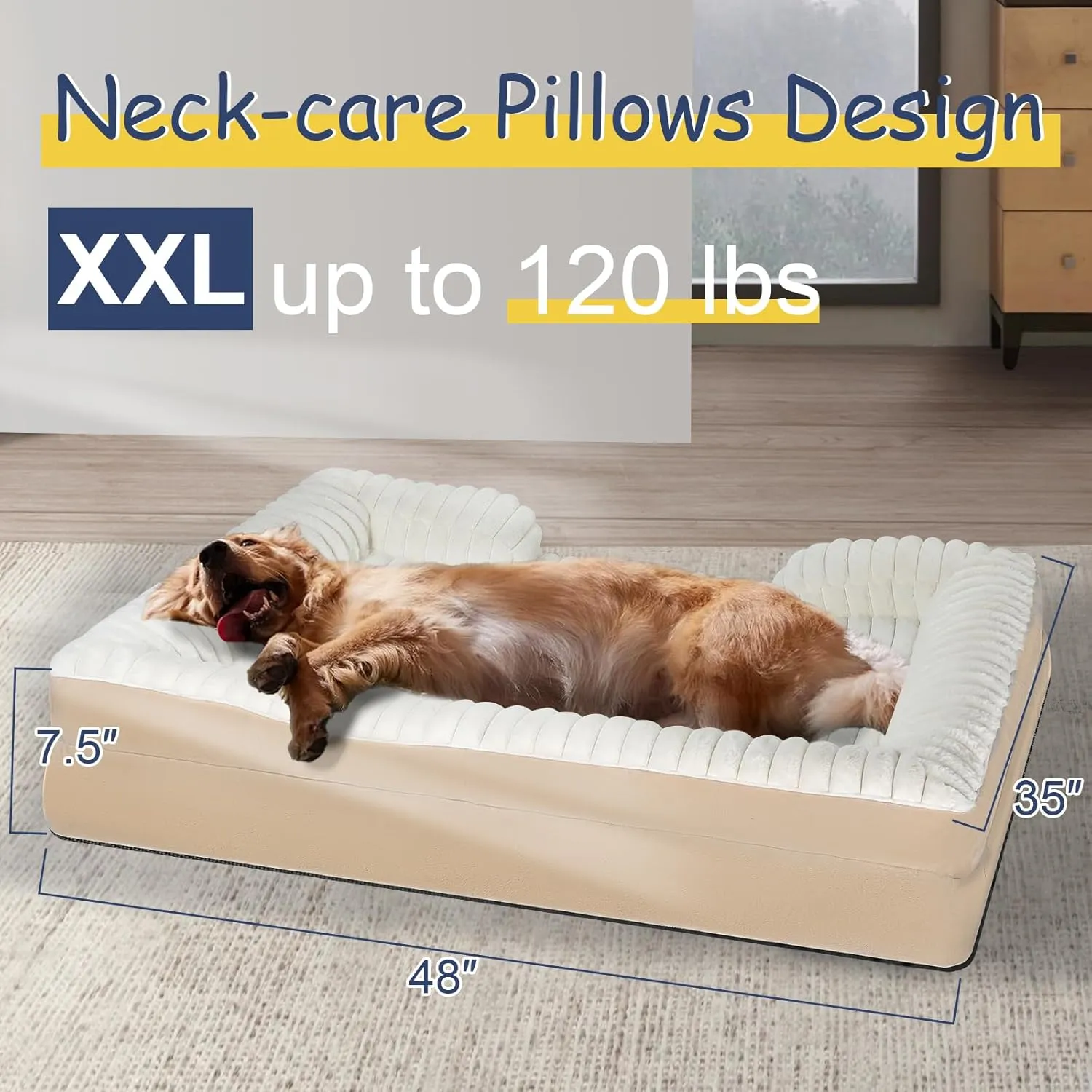 Orthopedic Dog Bed for Large Medium Sized, Washable Memory Foam Large Dog Bed Premium Soft Corduroy Fleece, Durable Medium Pet Sofa with Removable Cover, Washable Waterproof Pet Couch Beds(White,XXL)