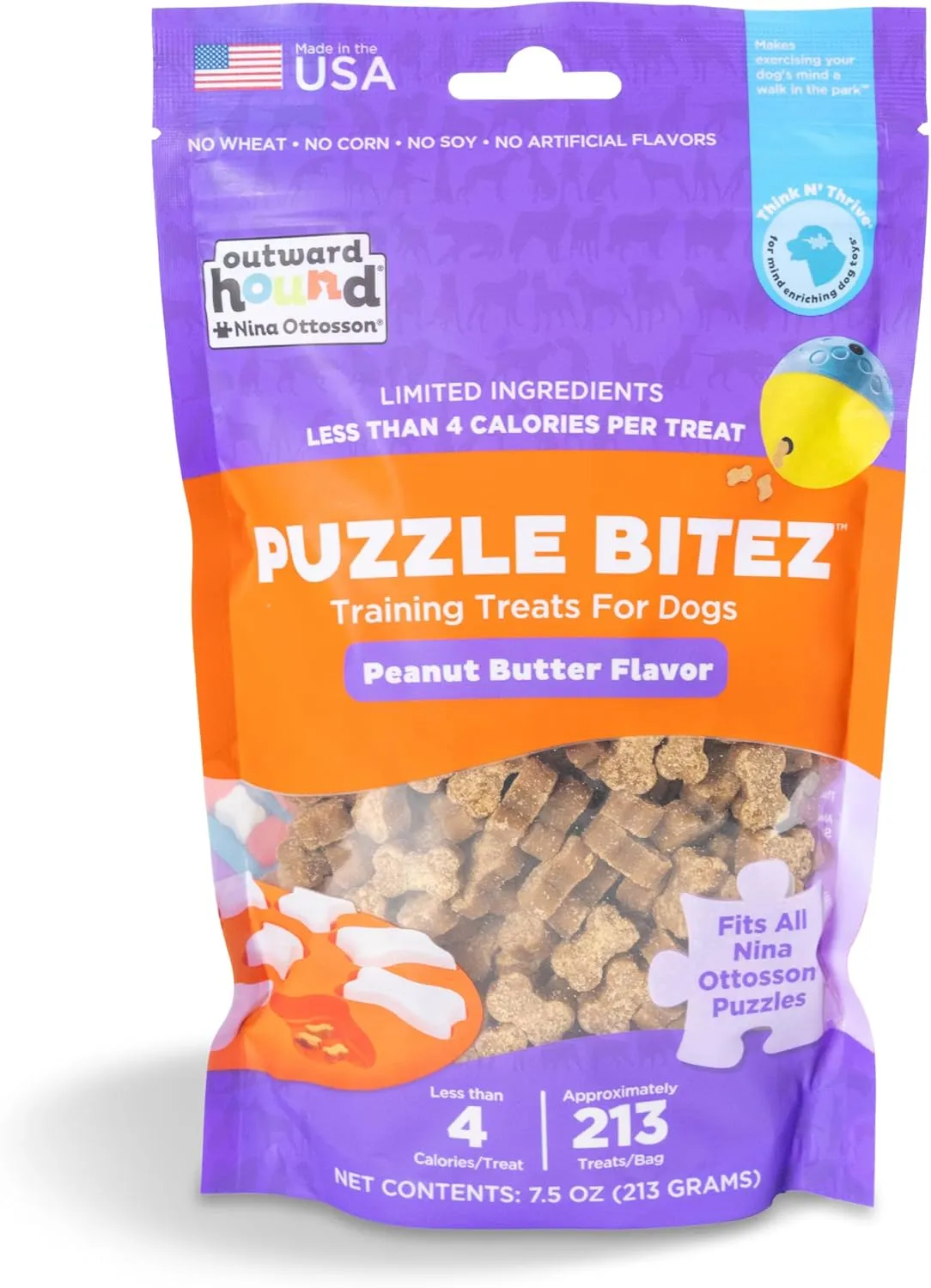 Outward Hound by Nina Ottosson Puzzle Bitez USA Made Dog Treats, Peanut Butter Flavor, Bite-Sized Training Reward and Interactive Puzzle Toy Treats, 7.5oz