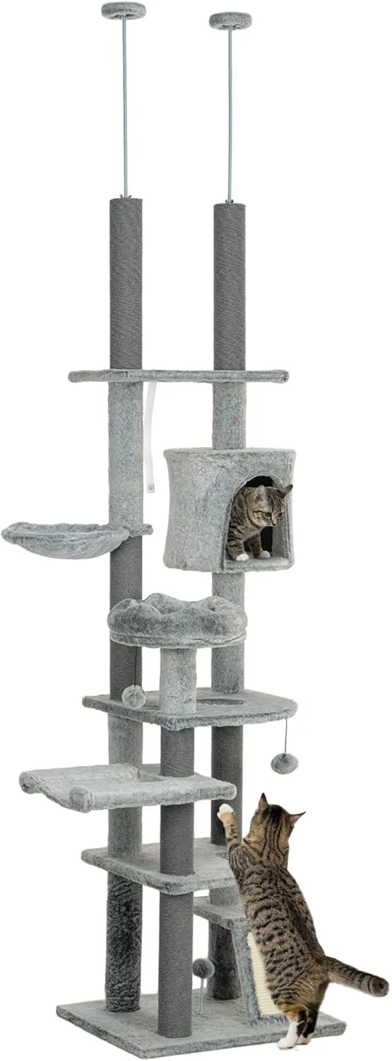 PawHut Floor to Ceiling Cat Tree, 89"-100" Adjustable Height Cat Climbing Tower Activity Center for Indoor Cats with Cat Perch, Condo, Hammocks, Scratching Posts & Ramp, Gray