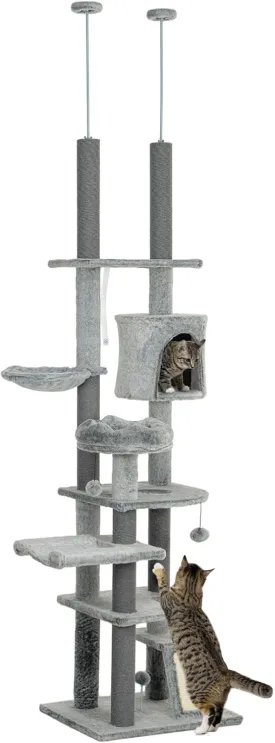 PawHut Floor to Ceiling Cat Tree, 89"-100" Adjustable Height Cat Climbing Tower Activity Center for Indoor Cats with Cat Perch, Condo, Hammocks, Scratching Posts & Ramp, Gray