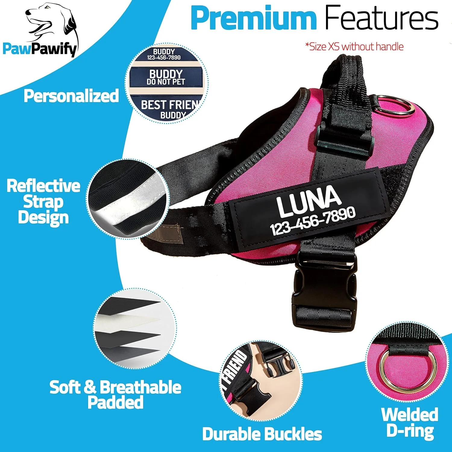 PawPawify Custom No Pull Dog Harness with Name and Phone Number, Heavy Duty Personalized Pet Vest to Prevent Tugging, Pulling, or Choking, Training and Walking (Pink, XS (Chest 14-17in))