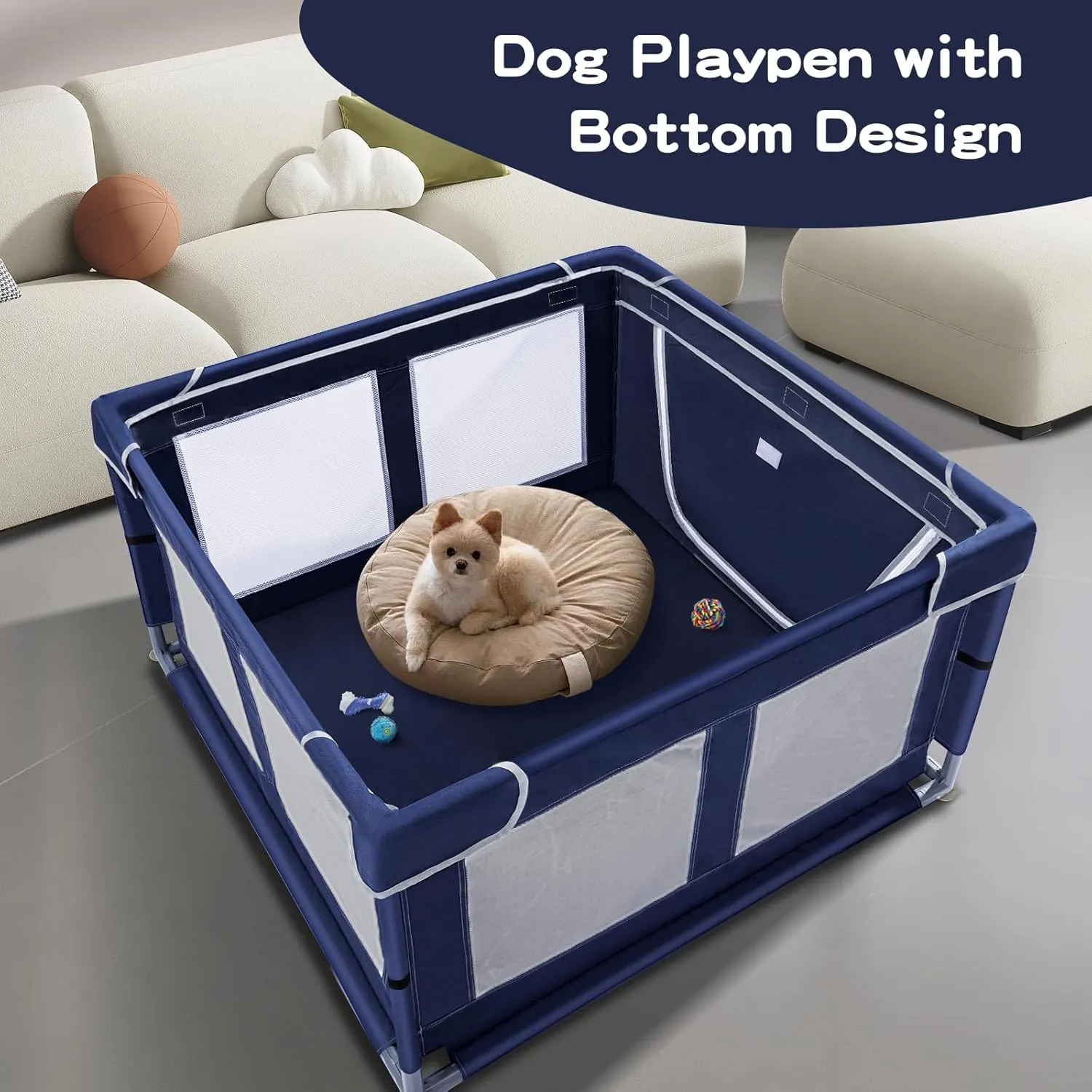 Pet Playpen 42 42 inch, 25 Height with Bottom, for Small Dogs & Animals, Indoor & Outdoor Play Yard with Zipper Door