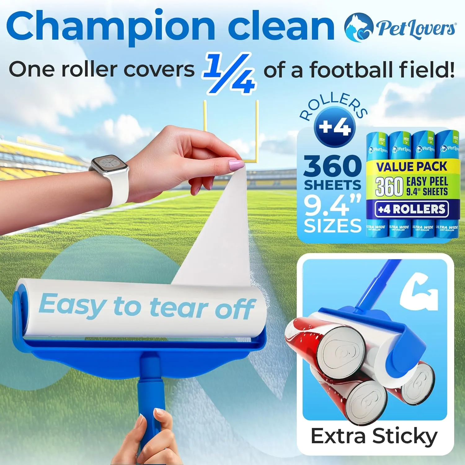 PetLovers Large Lint Roller with 3 Refills  360 Total Sheets for Tackling Pet Hair, Extra Large Floor and Carpet Roller for Homes with Pets, Perfect for Floors, Furniture, and Loving Pet Owners