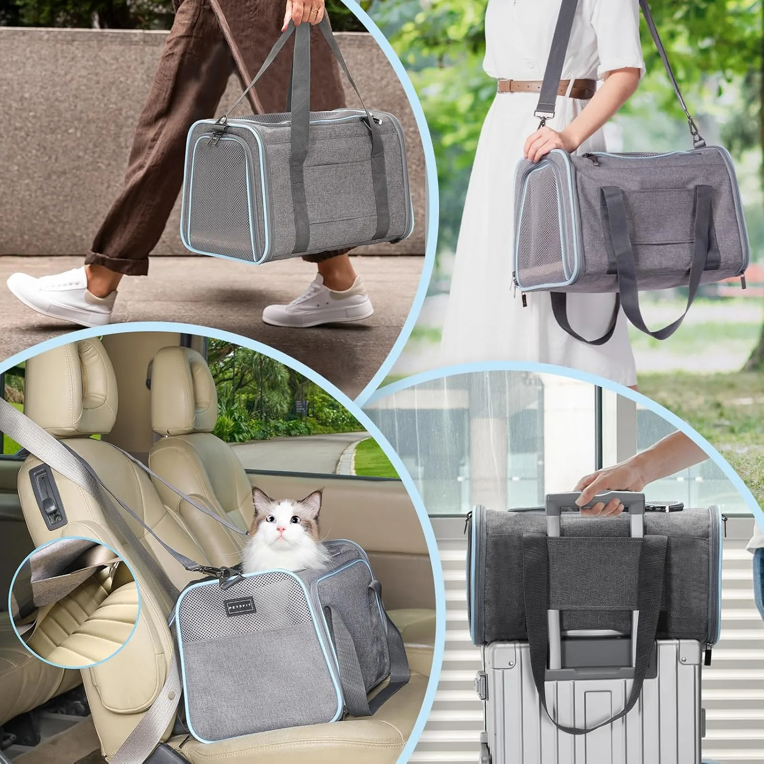 Petsfit Small Cat Carrier Soft Airline Approved Expandable Carrier for Kitten Puppy Bunny, 16"X10"X9