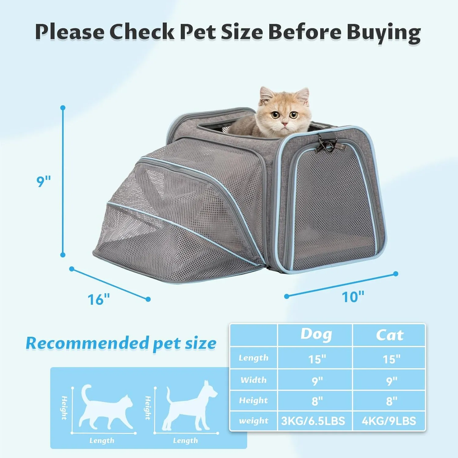 Petsfit Small Cat Carrier Soft Airline Approved Expandable Carrier for Kitten Puppy Bunny, 16"X10"X9