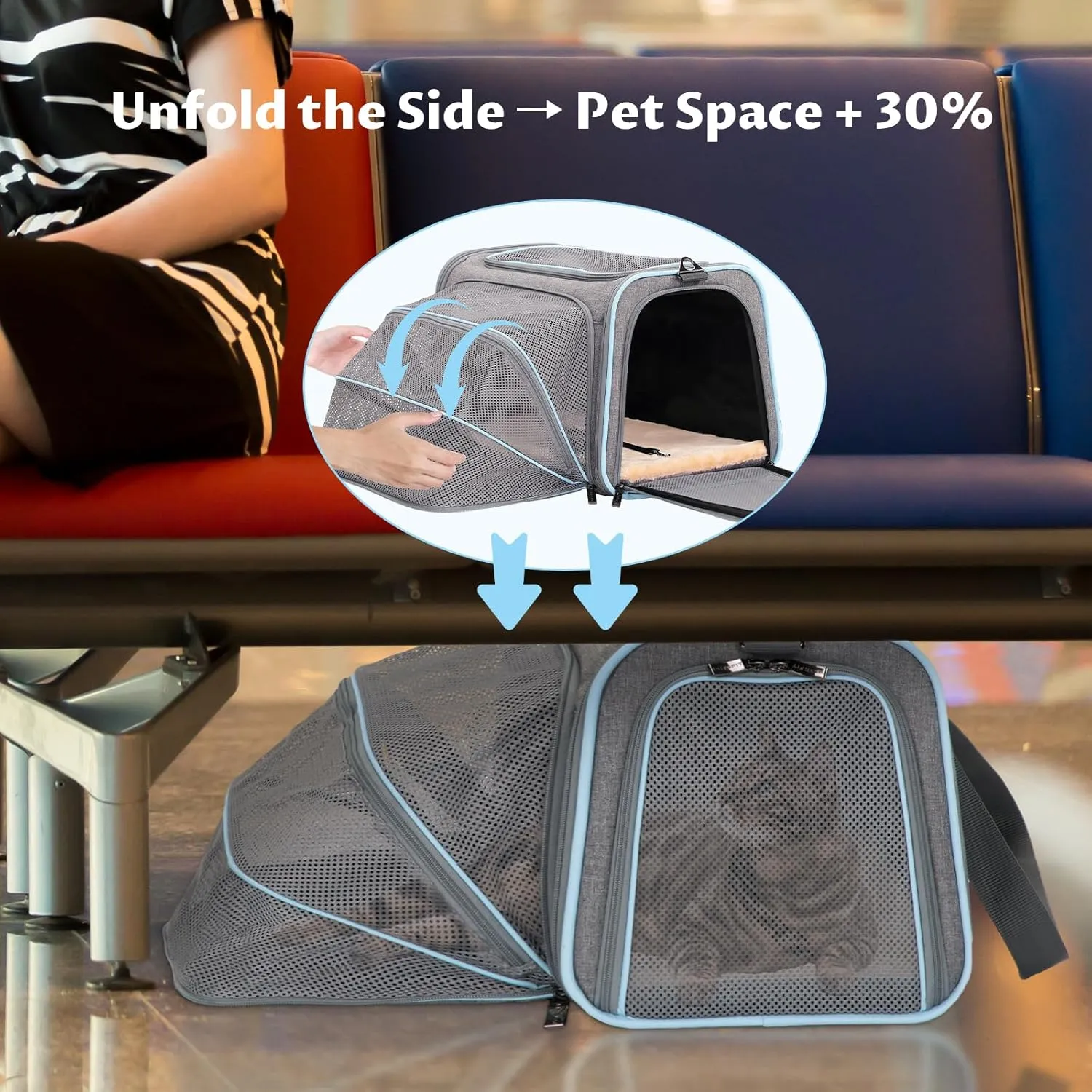 Petsfit Small Cat Carrier Soft Airline Approved Expandable Carrier for Kitten Puppy Bunny, 16"X10"X9