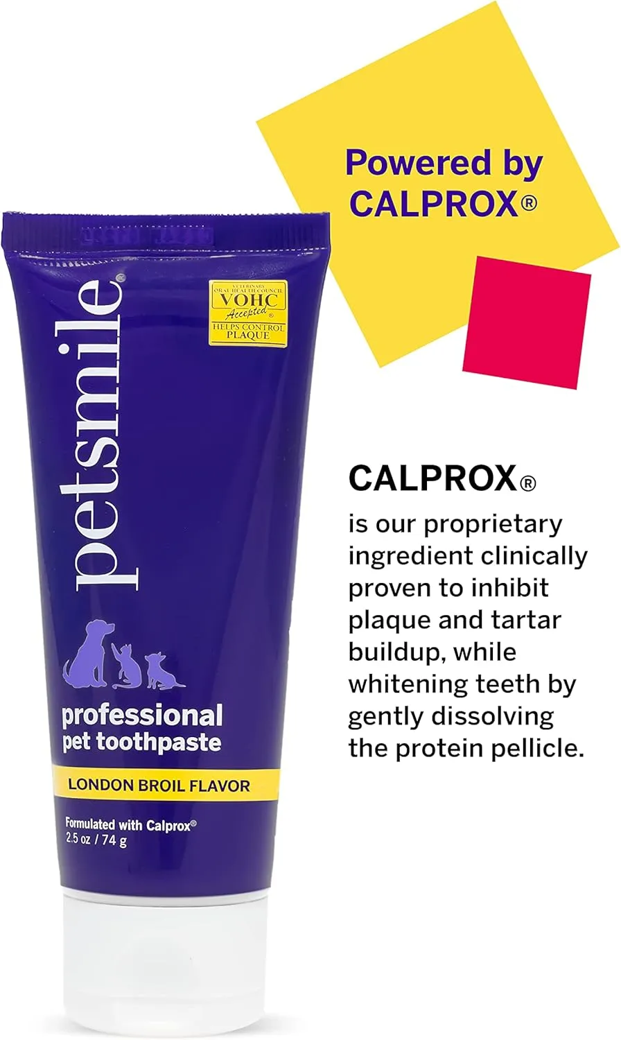 Petsmile Professional Pet Toothpaste for Cats & Dogs - Only VOHC Accepted Toothpaste - Clinically Proven to Control Plaque & Tartar Calprox Formula (London Broil, 2.5 Oz)